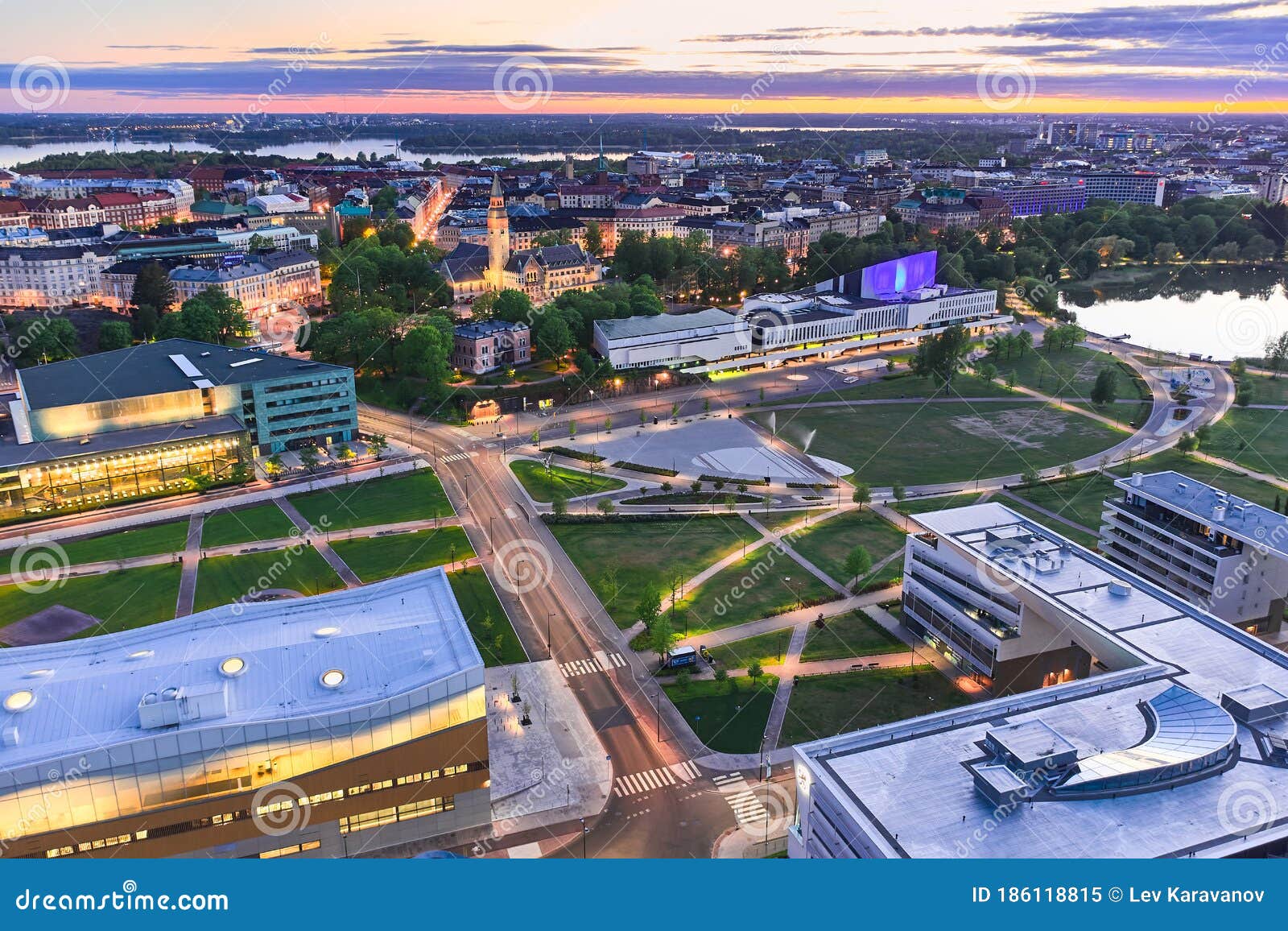 aerial view of park in central helsinki, finland.