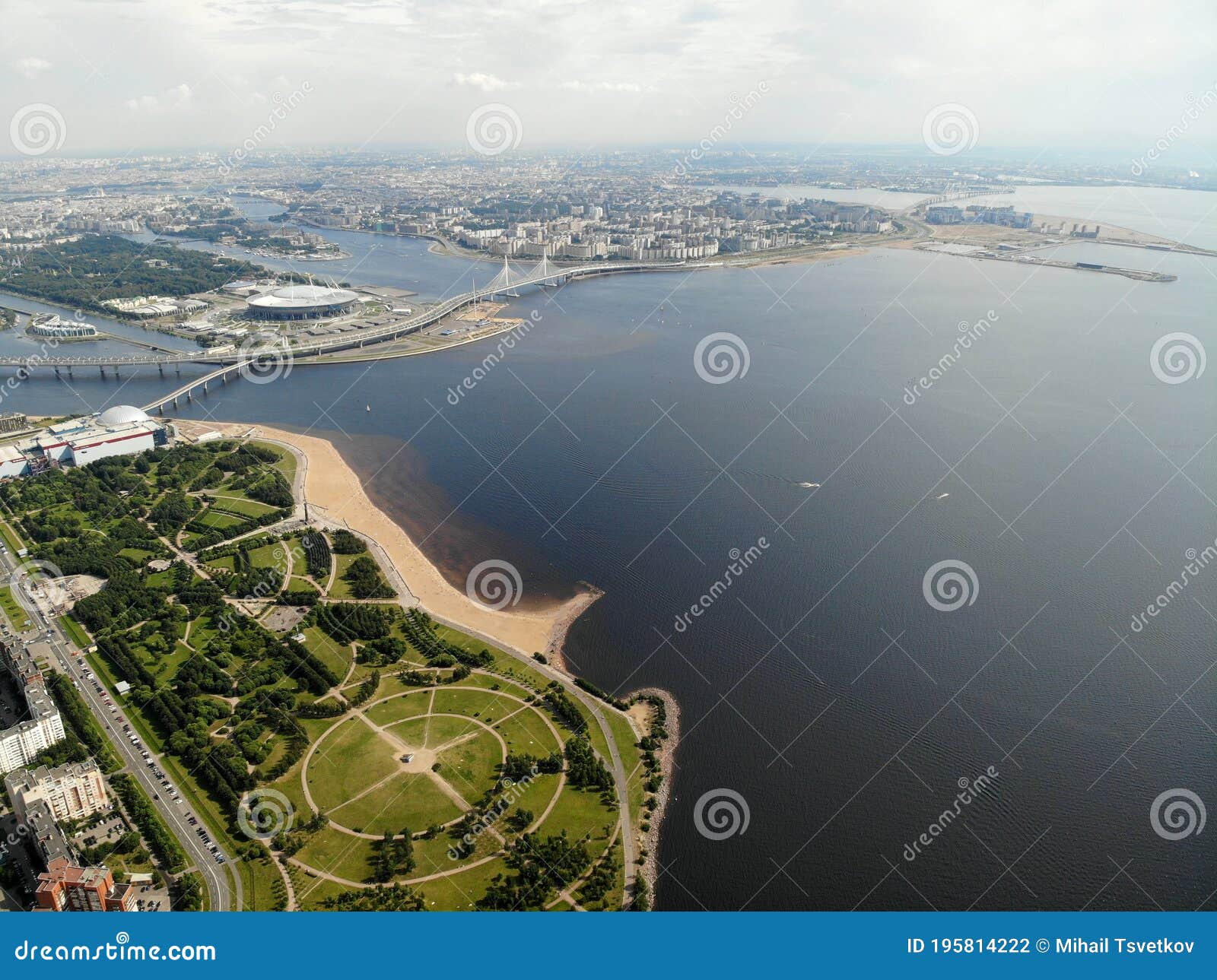 aerial view park of the 300th anniversary of st. petersburg, krestovsky stadium