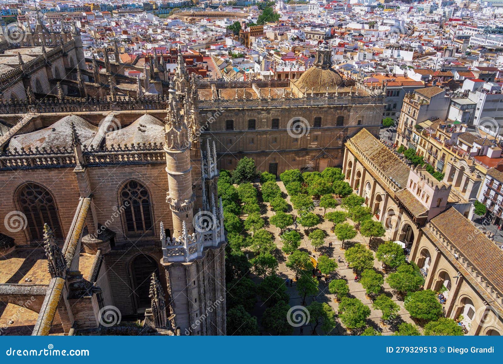 aerial view of patio de los naranjos (orange tree courtyard) in seville cathedral - seville, andalusia, spain