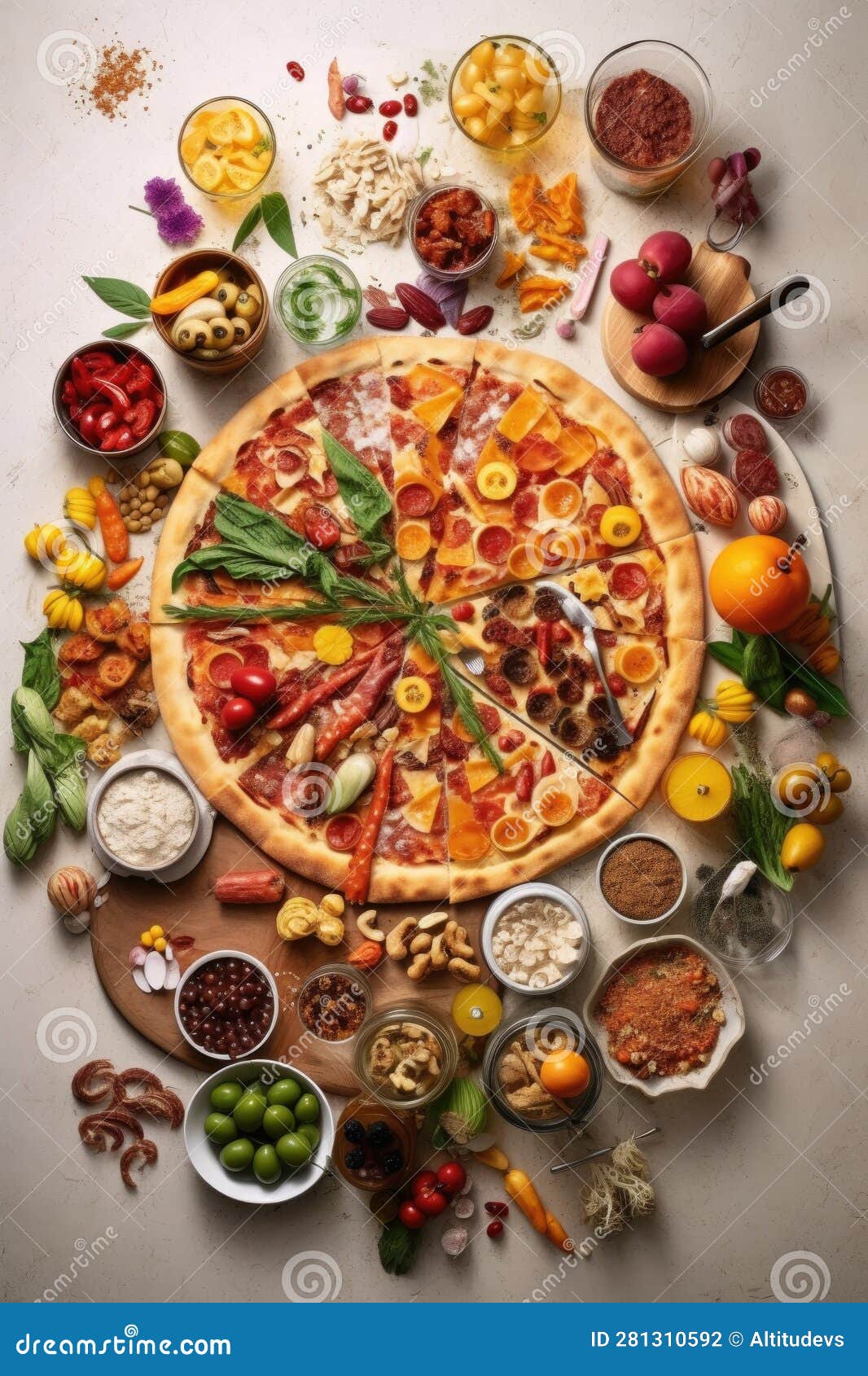 Aerial View of a Pizza with Various Toppings on a Marble Countertop