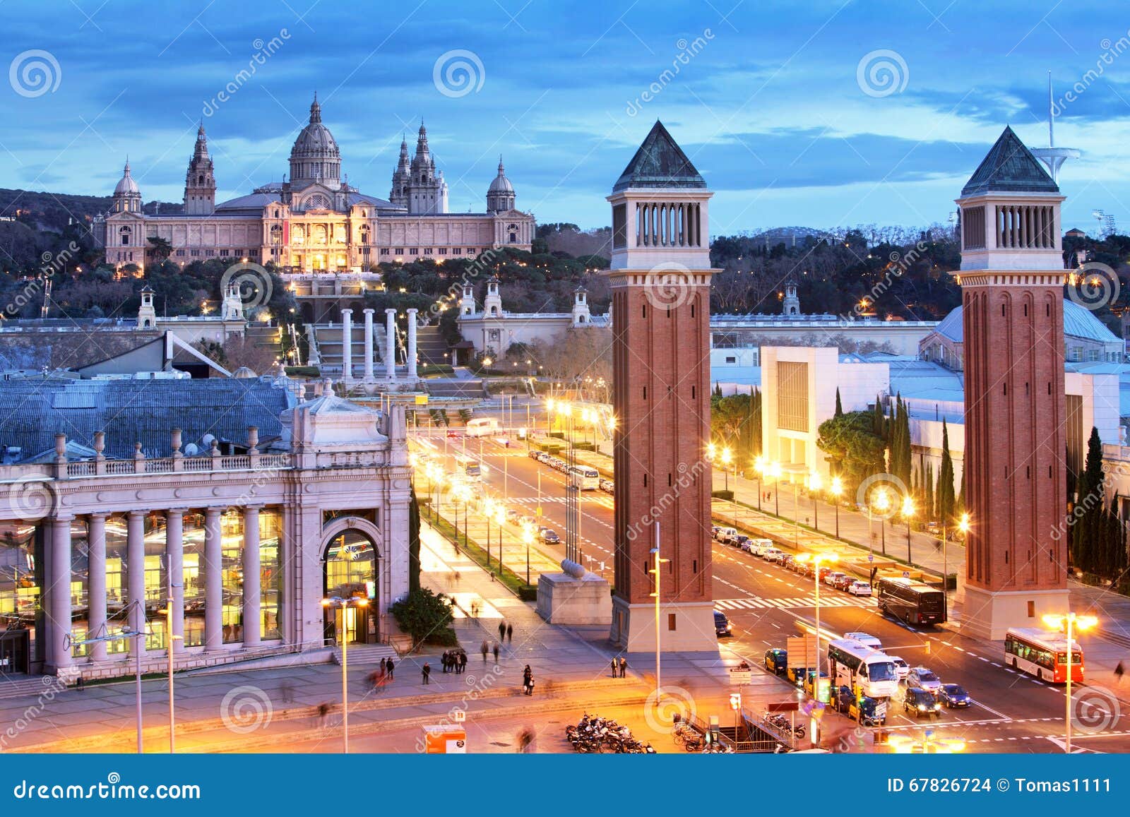 aerial view on placa espanya and montjuic hill with national art
