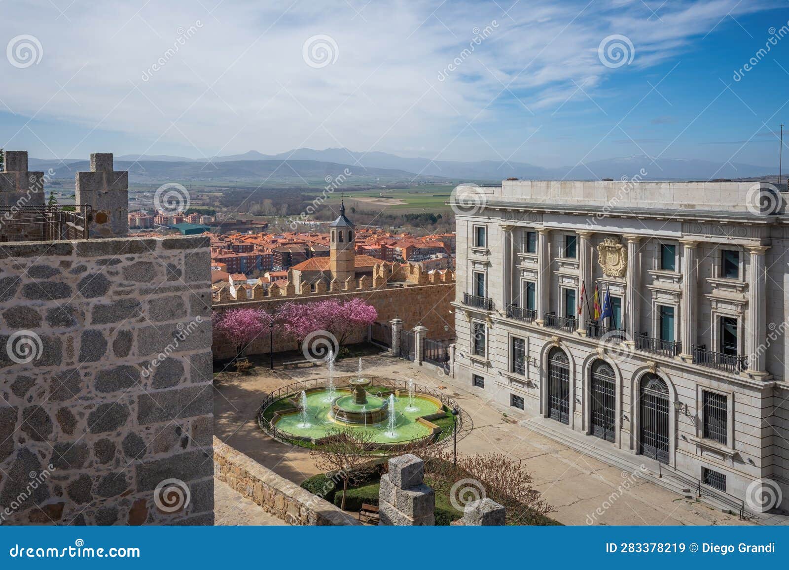 aerial view of plaza adolfo suarez square with economy and finance department building - avila, spain