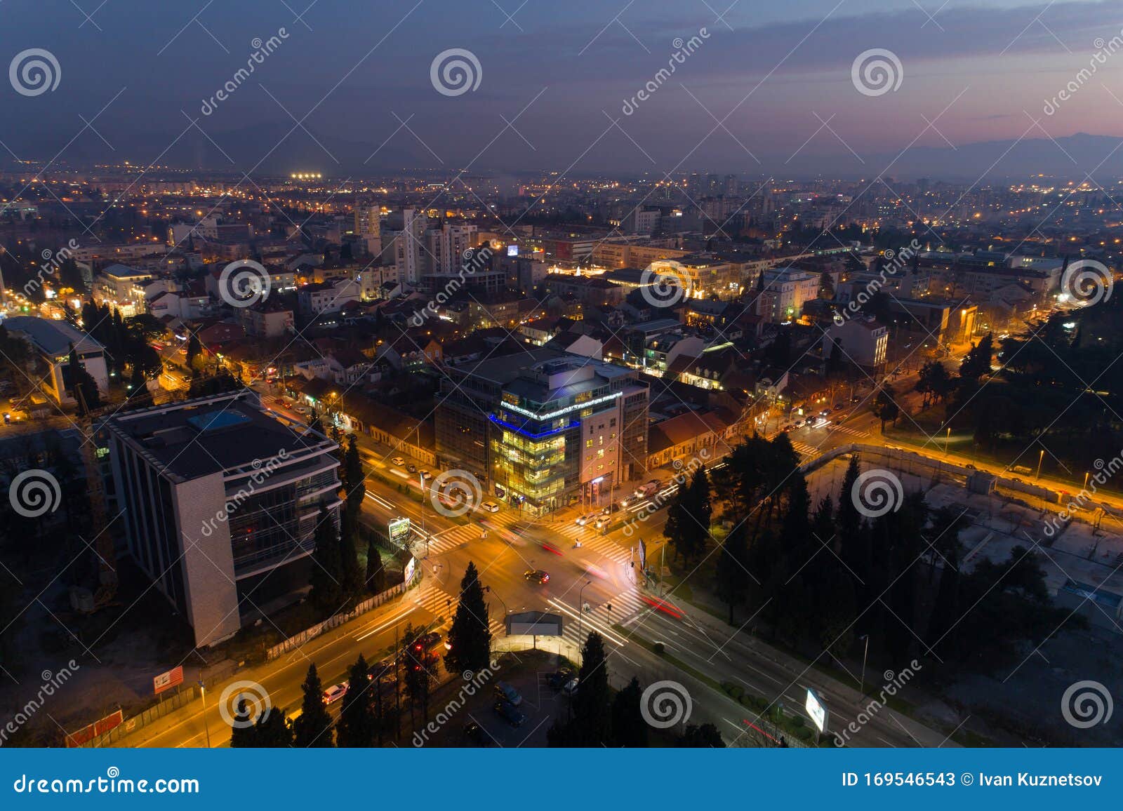 aerial view of podgorica city after sunset