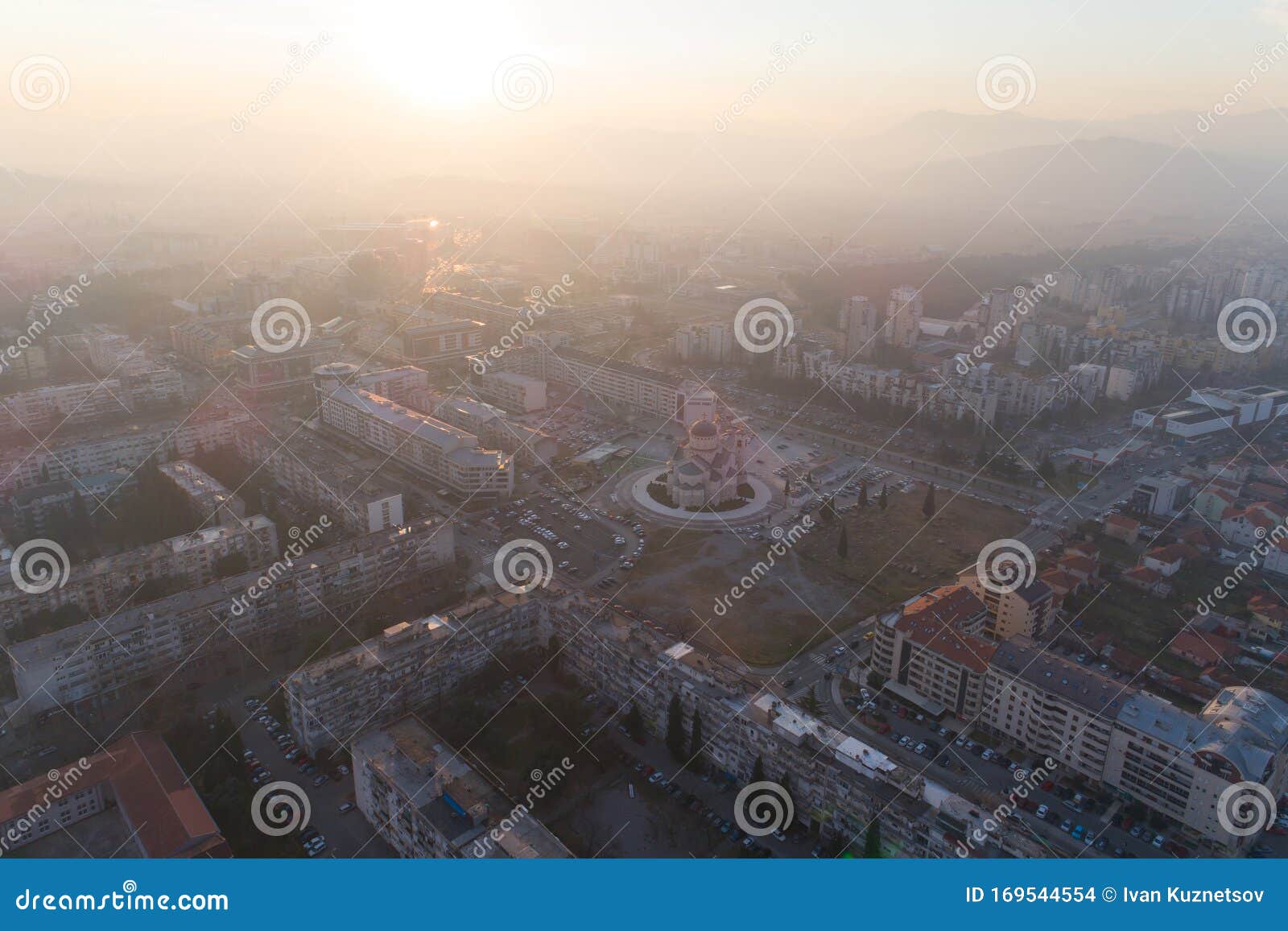 aerial view of podgorica city during sunset