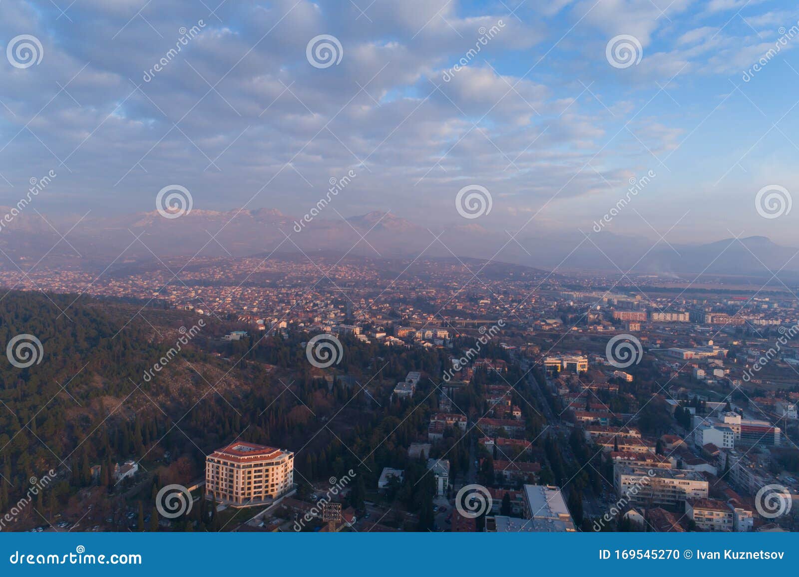 aerial view of podgorica city during sunset