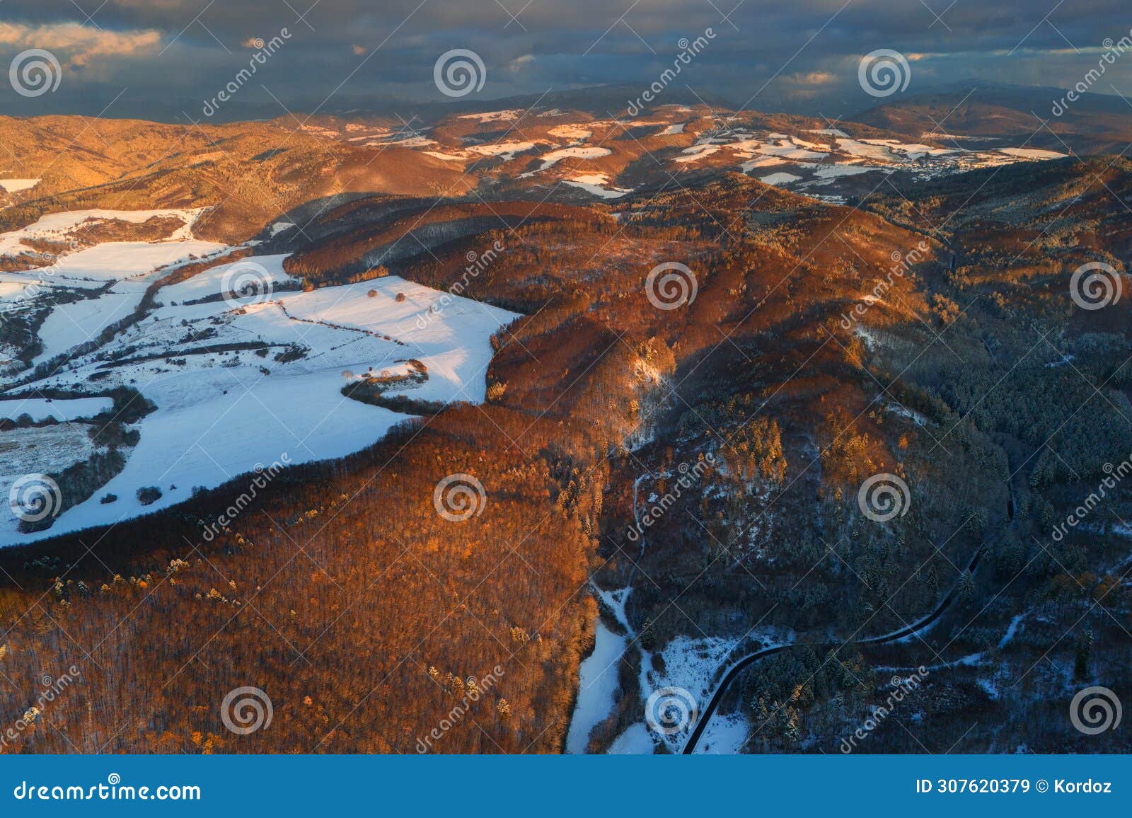 aerial view of podpolanie region near dubravica village region during winter from air balloon