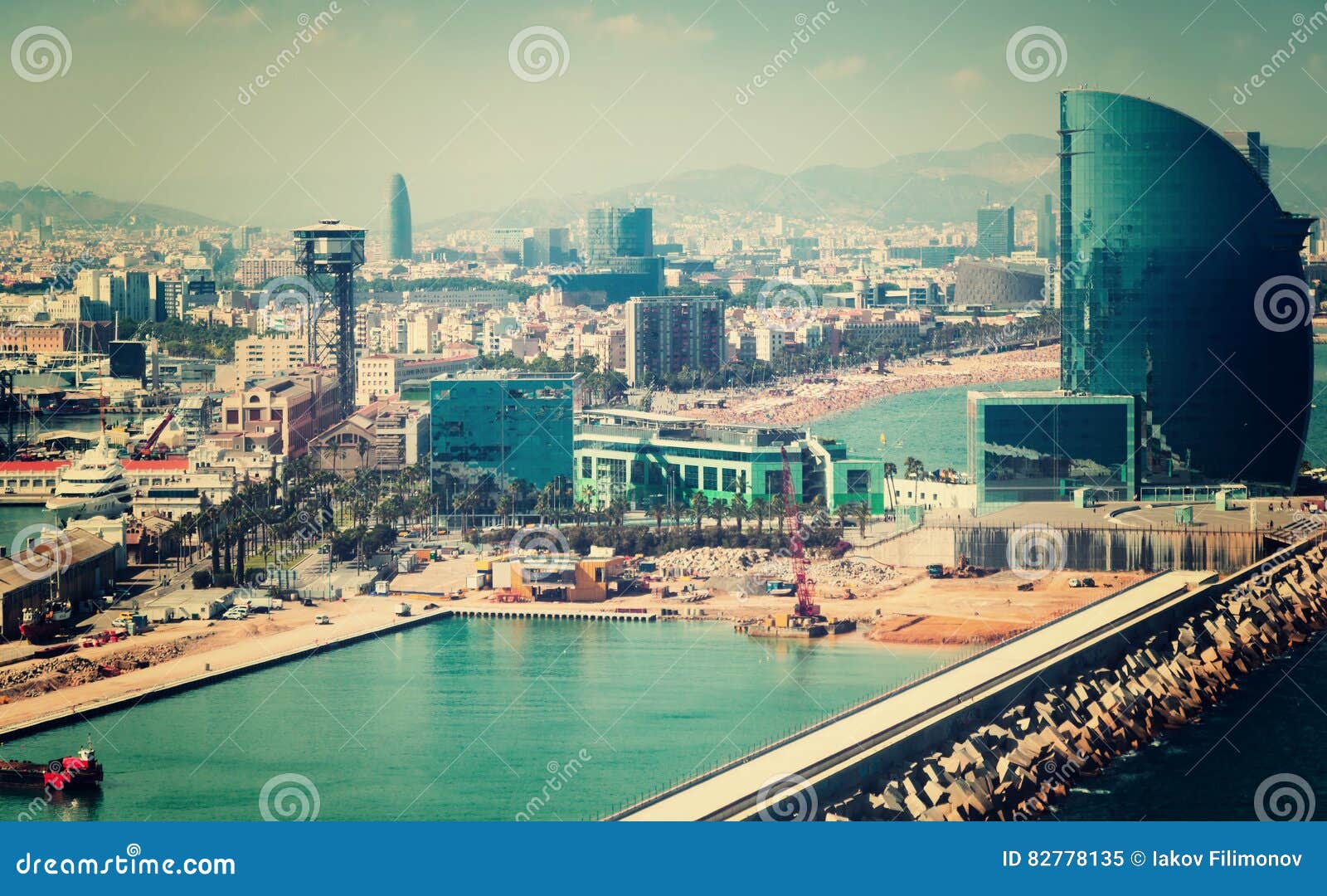 aerial view of port vell and la barceloneta district. barcelona