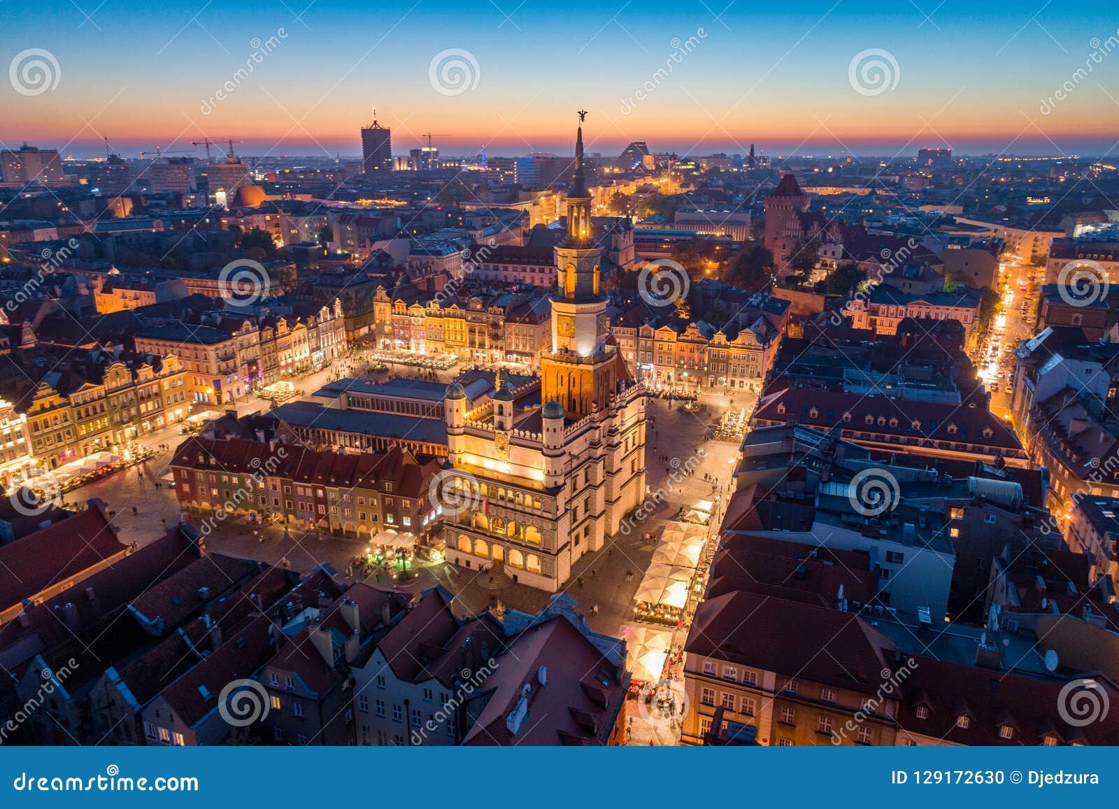 aerial view on poznan main square and old city at evening.