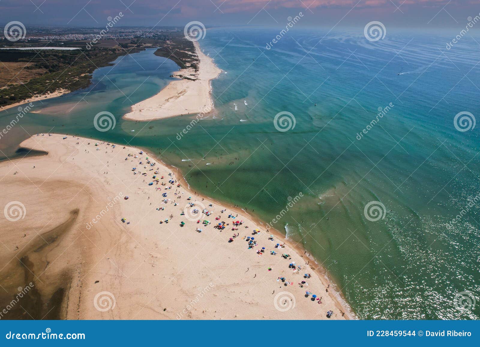 aerial view of praia da fabrica, also known as praia de cacela velha beach, a sandy barrier island at the mouth of the ria formosa