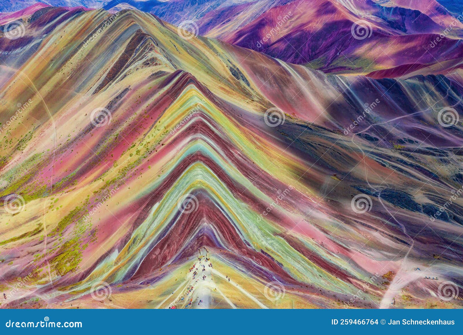 aerial view of the rainbow mountains montana de siete colores in peru with vinicunca in the center