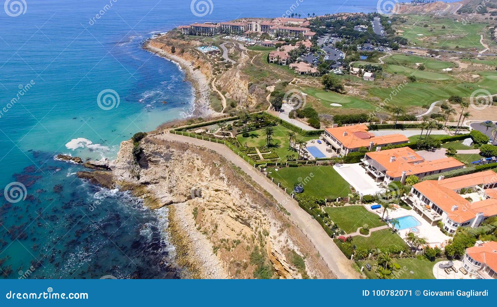 aerial view of rancho palos verdes coastline and homes, california