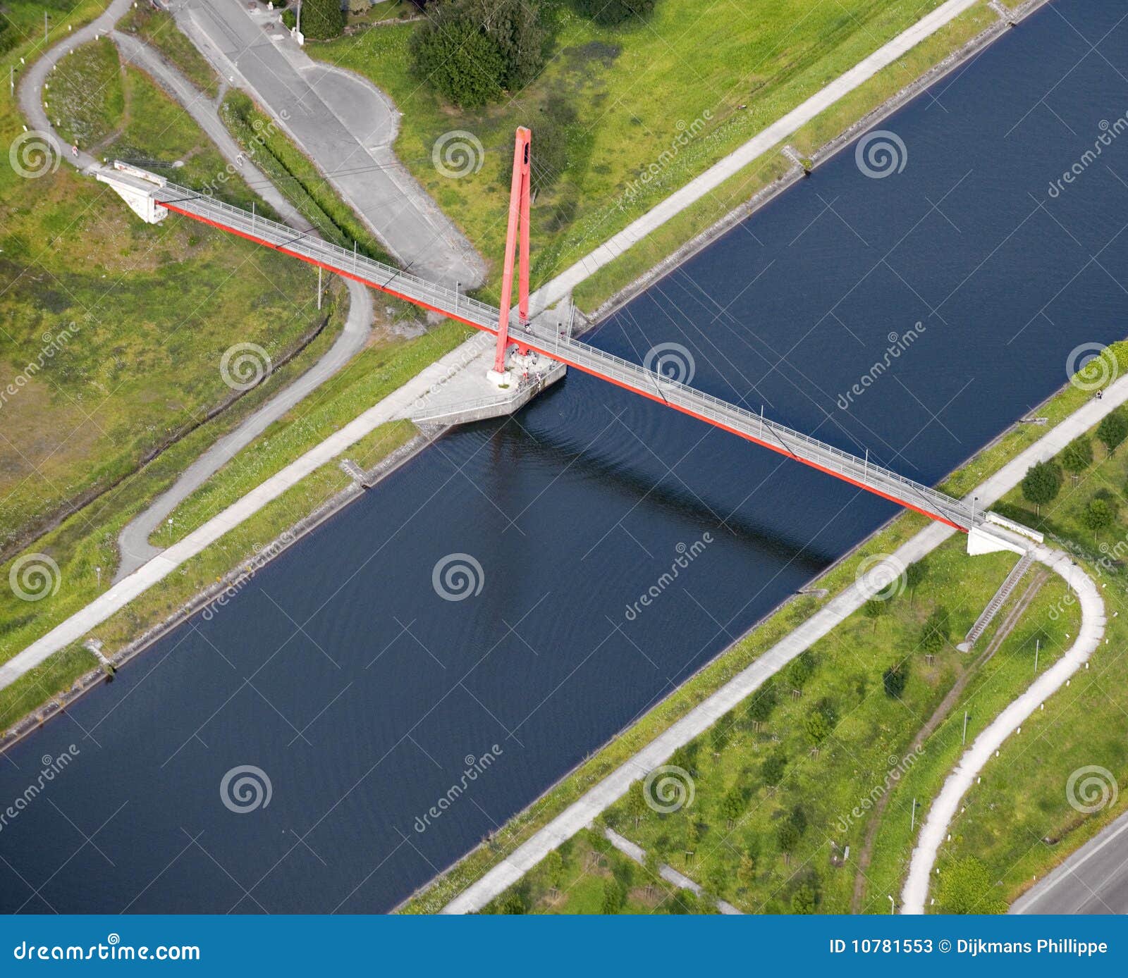 Aerial View Red Bridge Crossing a Channel Stock Image Image of