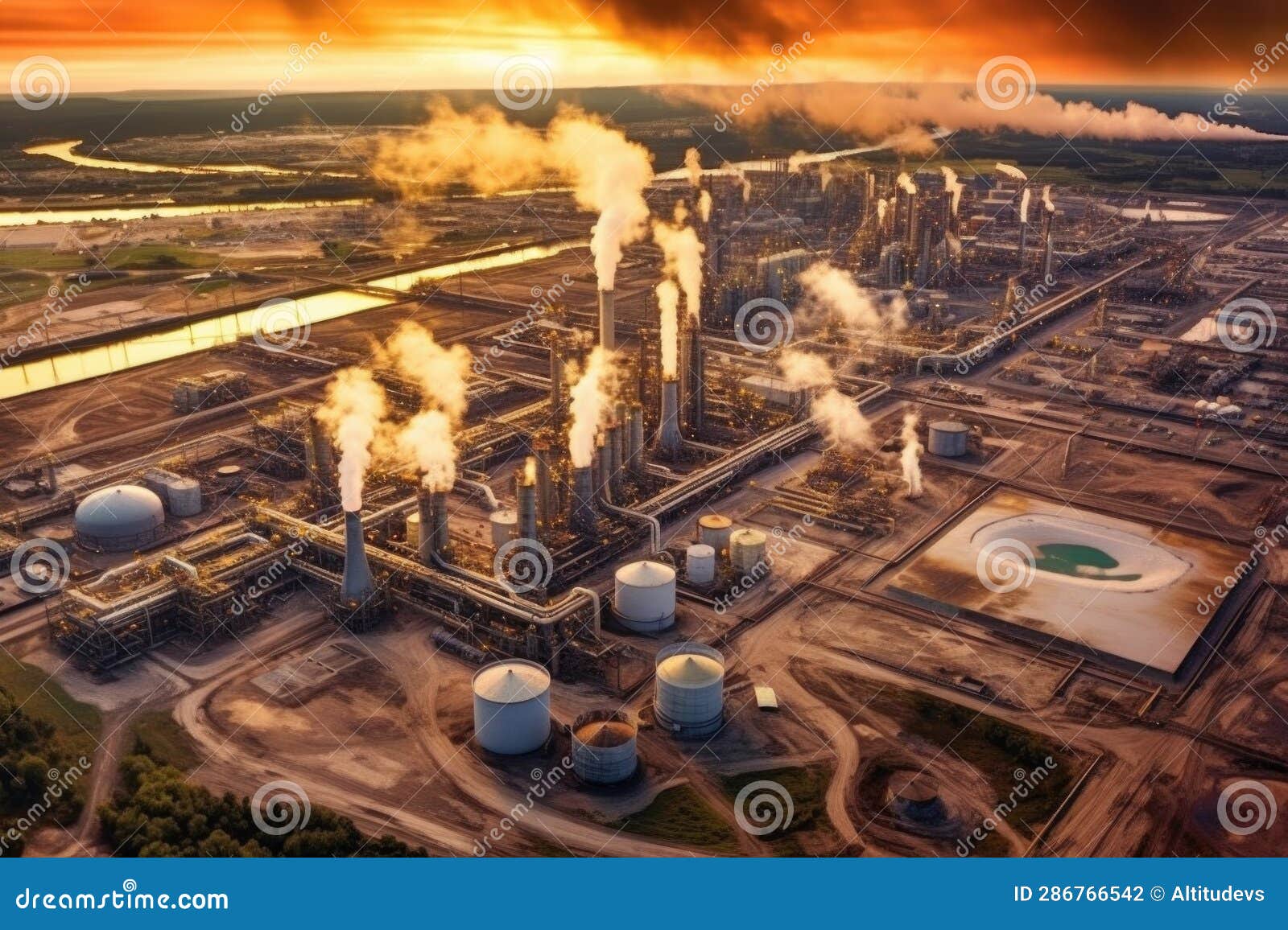 Aerial View of Refinery Processing Units and Cooling Towers Stock Photo Image of pollution