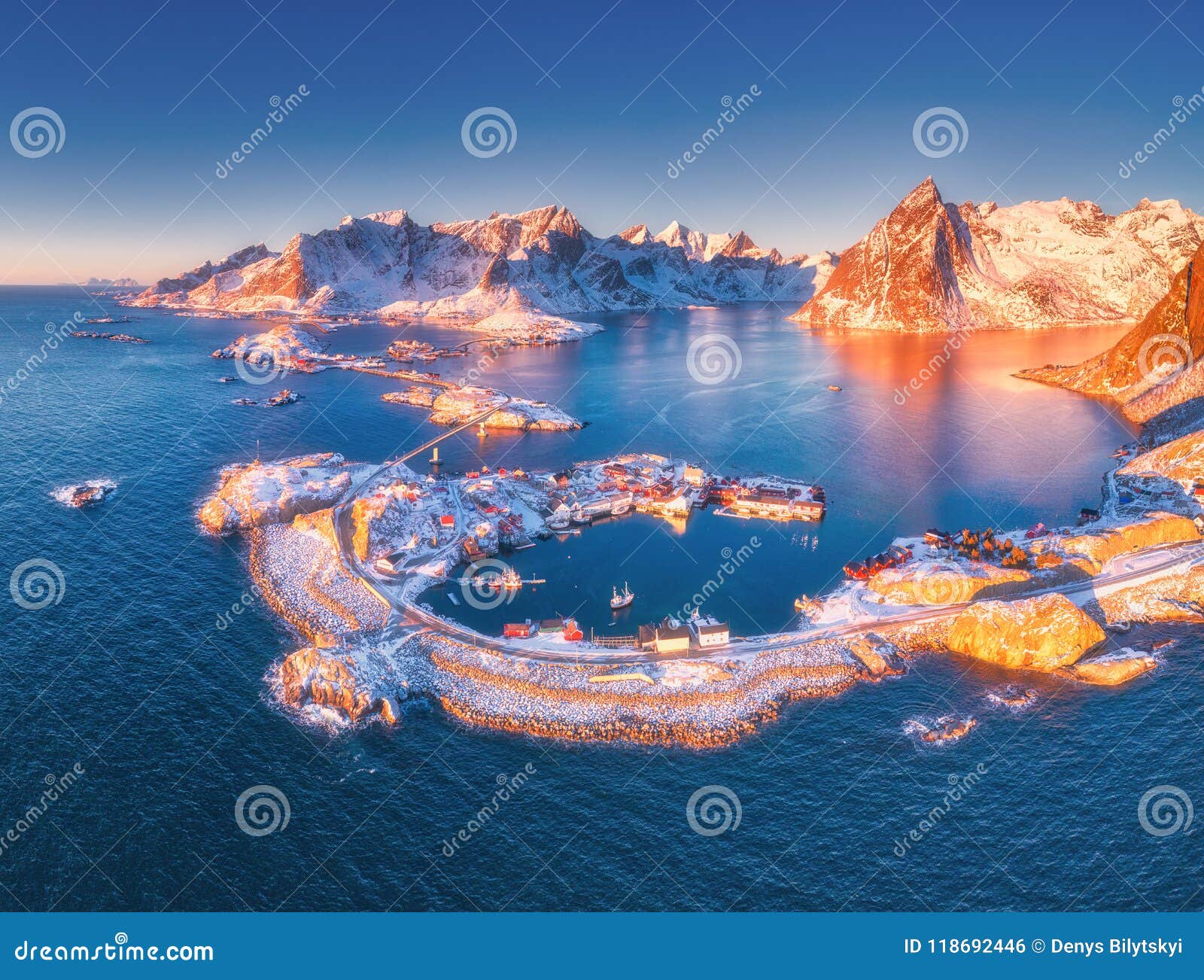 aerial view of reine and hamnoy at sunset in winter