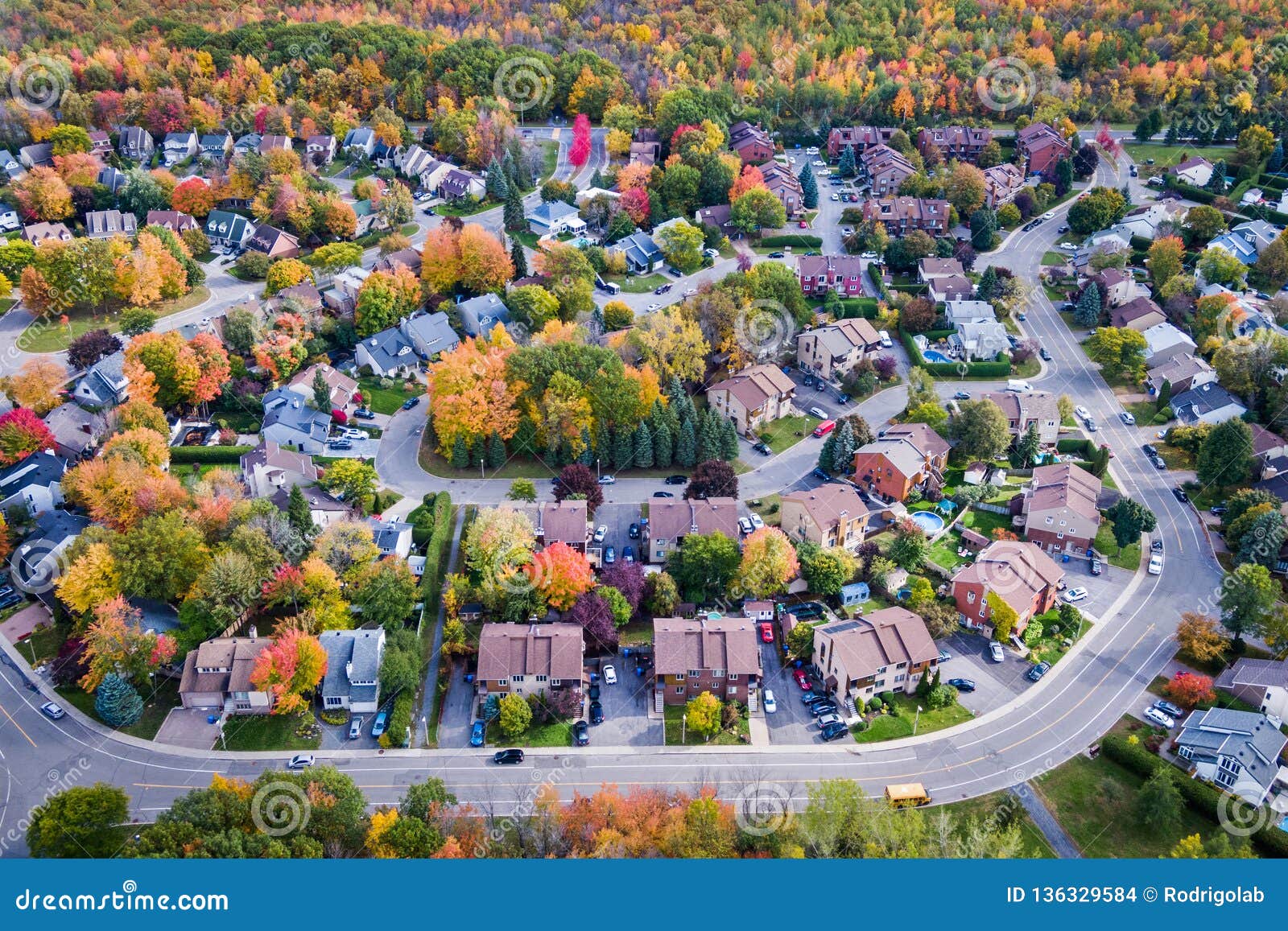 aerial view of residential neighbourhood in montreal during autumn season, quebec, canada