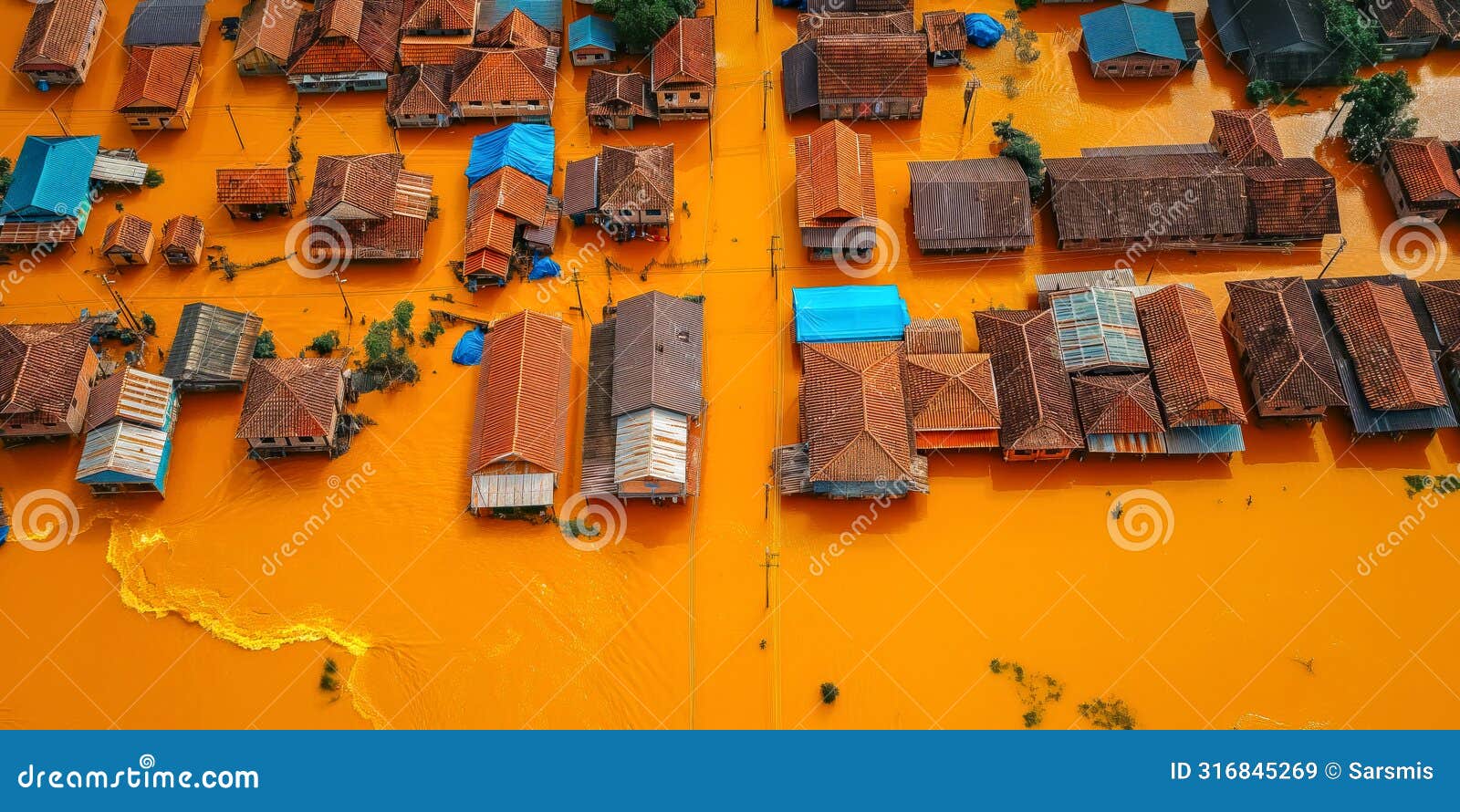 aerial view revealing the extent of a flood, with houses submerged in muddy waters under an overcast sky.flood consequences.