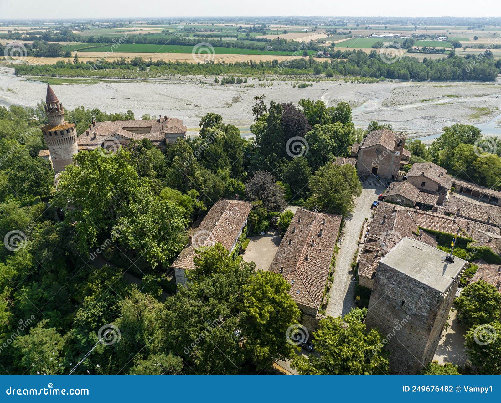 aerial view of rivalta castle on the trebbia river, piacenza province, emilia-romagna, italy