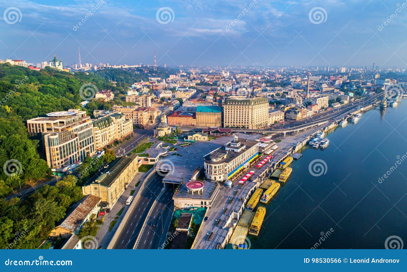 aerial view of river port, podil and postal square in kiev, ukraine