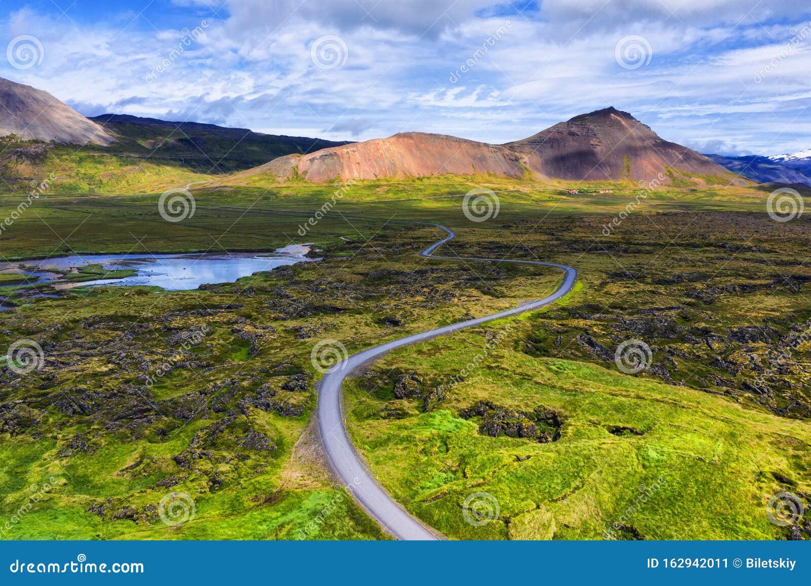 aerial view on road in iceland. aerial landscape above highway in the geysers valley. icelandic landscape from air. famous place.