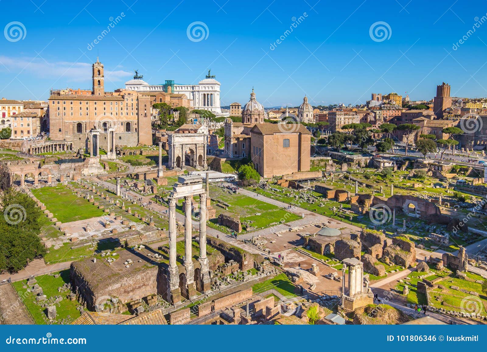 aerial view of roman forum or foro romano in rome, italy