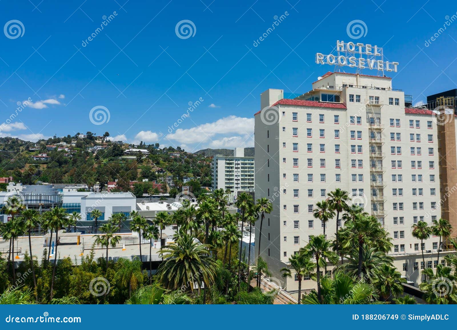 aerial view of roosevelt hotel in a heart of hollywood in california