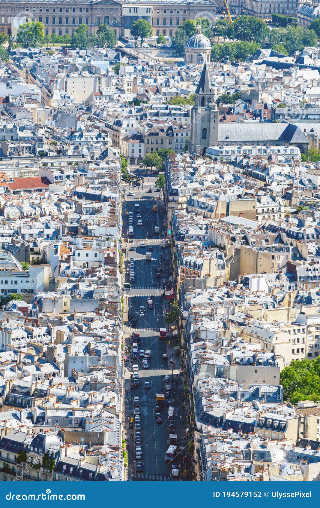 aerial view of rue de rennes and saint-germain-des-pres abbey in paris, france