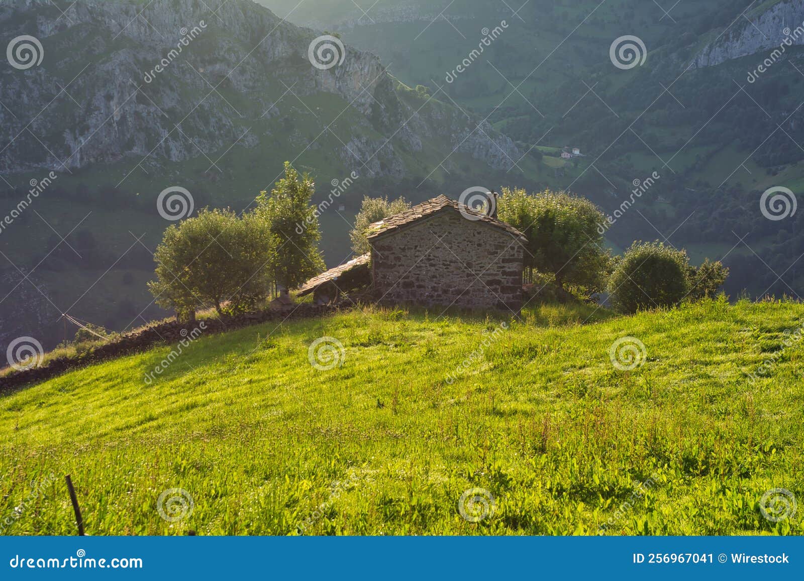 aerial view of a rural house on a field in valles pasiegos, picos de europa, cantabria