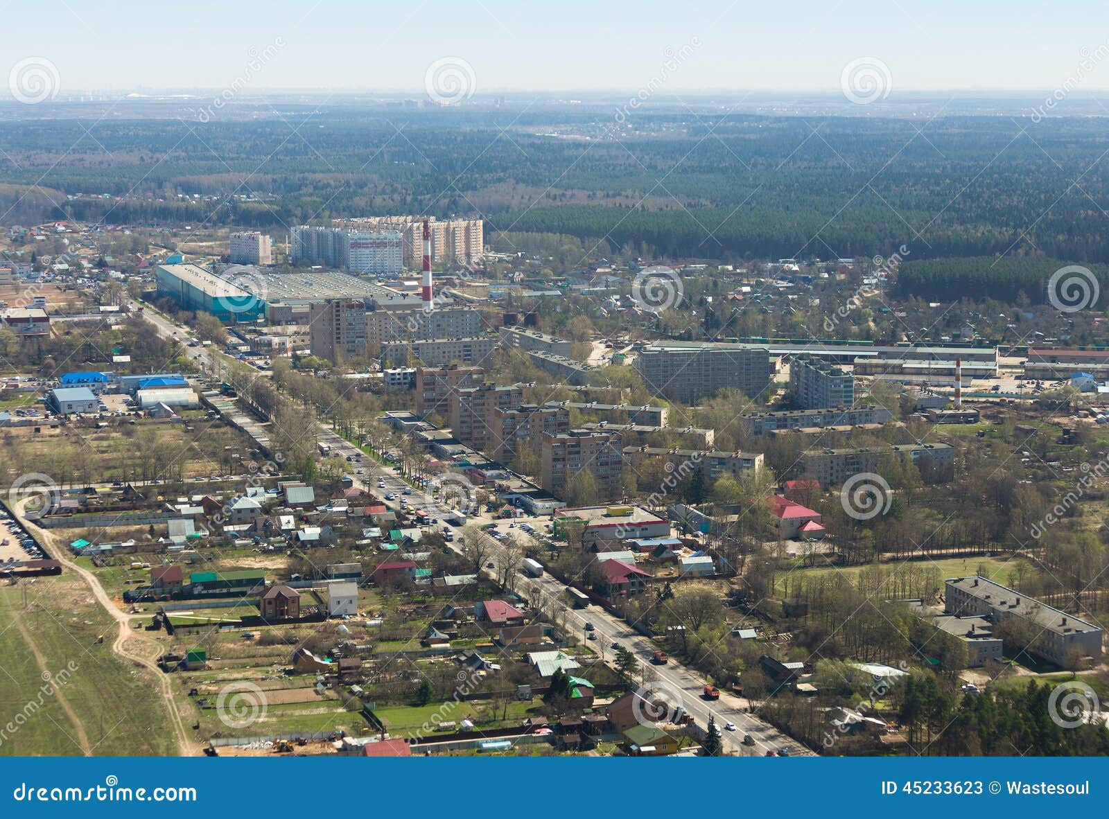 Aerial view of a russian provincial town. Aerial view of a suburban provincial town Bolshie Vyazemy near Moscow from helicopter in Russia.