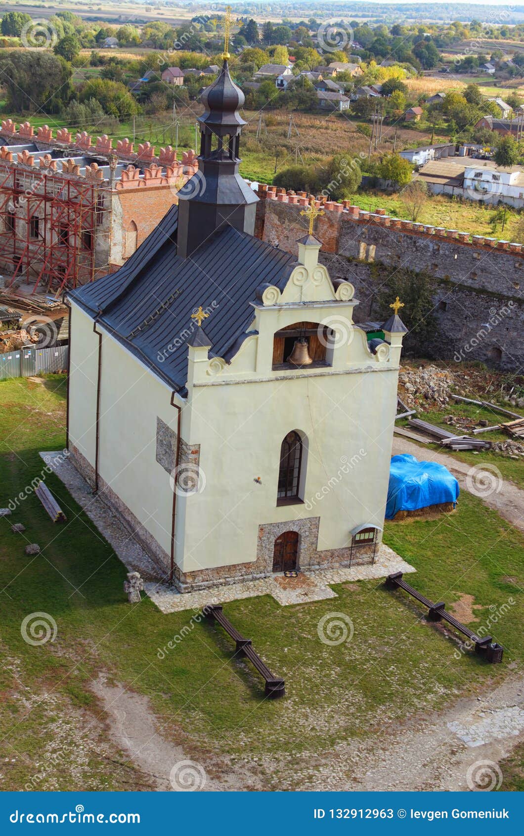 aerial view of saint nicholas church in medzhybizh castle. fortress built as a bulwark against ottoman expansion in the 1540s.