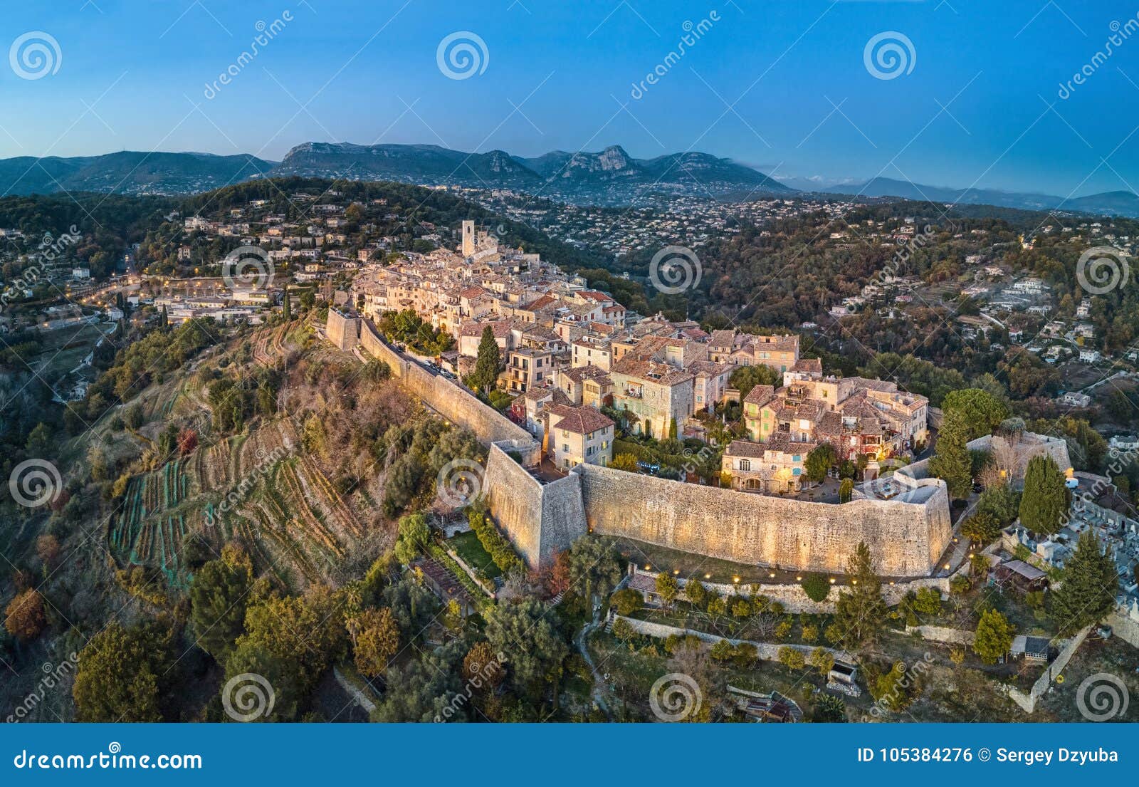 aerial view on saint paul de vence fortified village, france