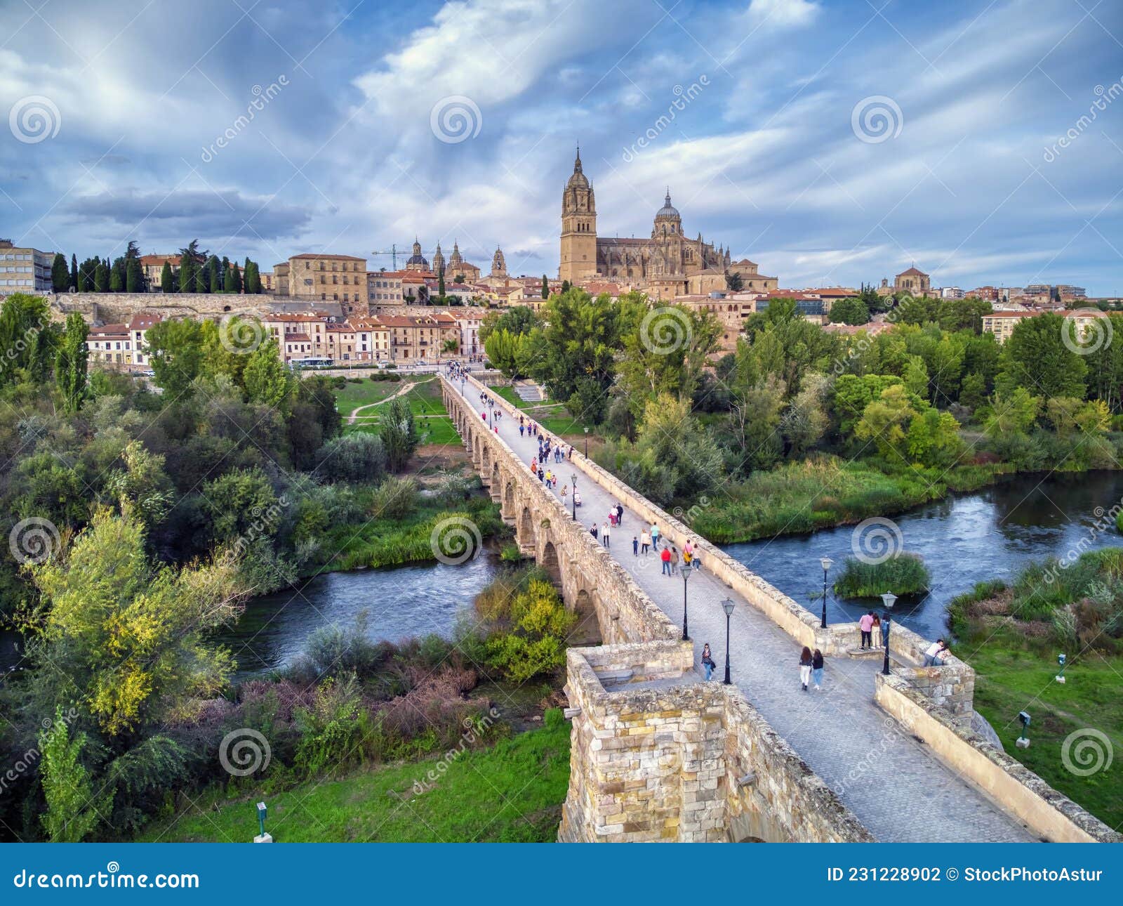 aerial view of salamanca with the cathedral and the roman bridge