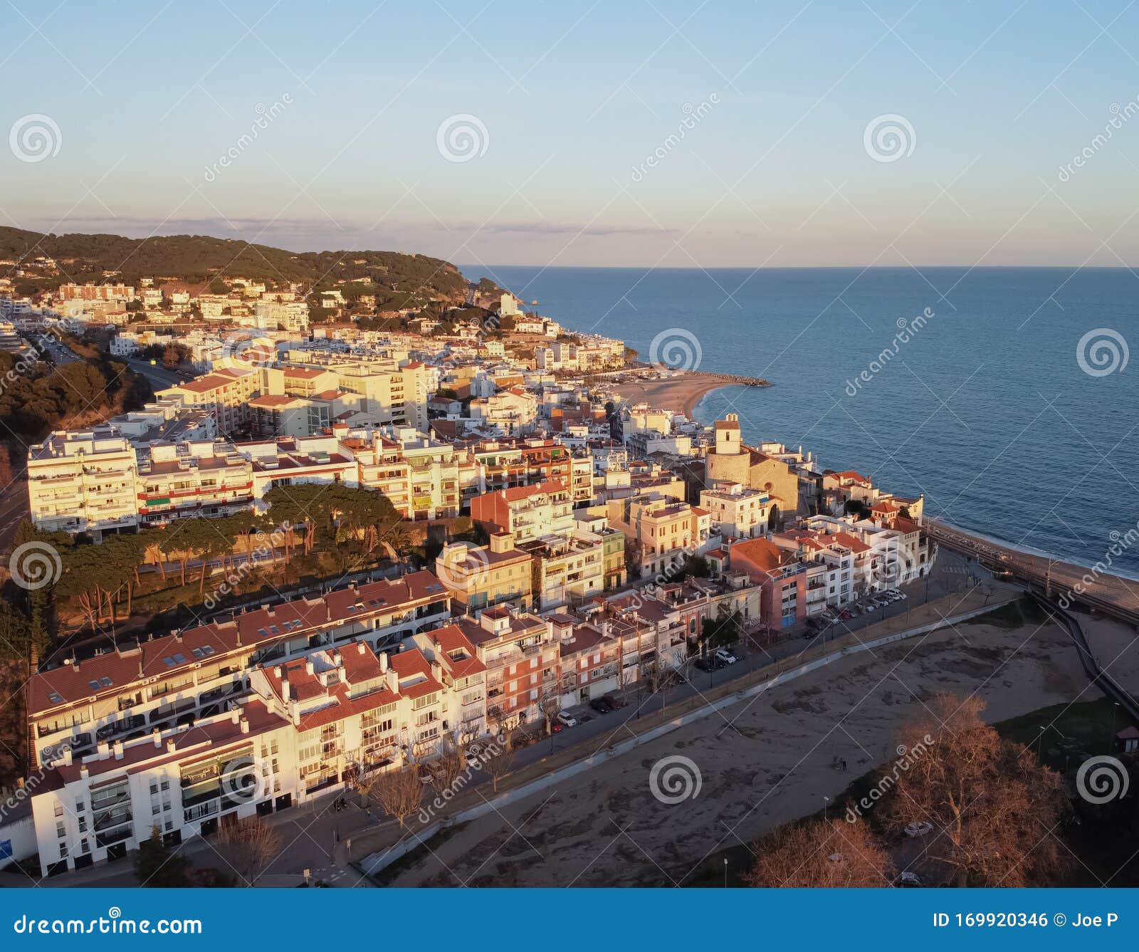 aerial view of sant pol de mar village in el maresme coast, catalonia