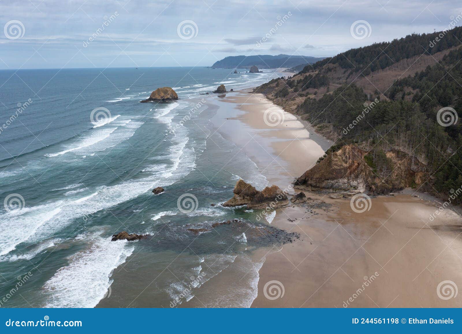 aerial view of scenic, sandy shoreline in oregon