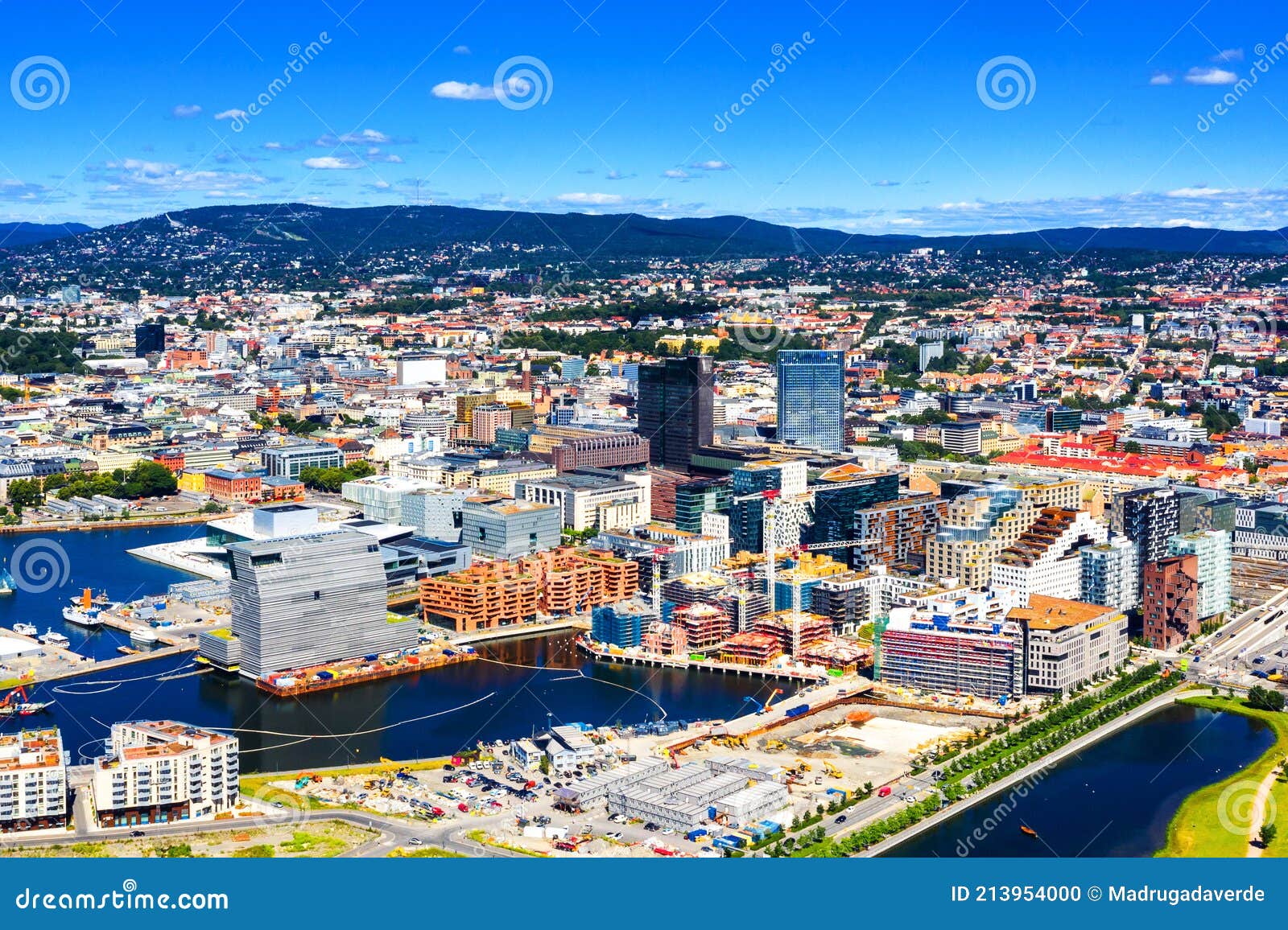 aerial view of sentrum area of oslo, norway, with barcode buildings and the river akerselva