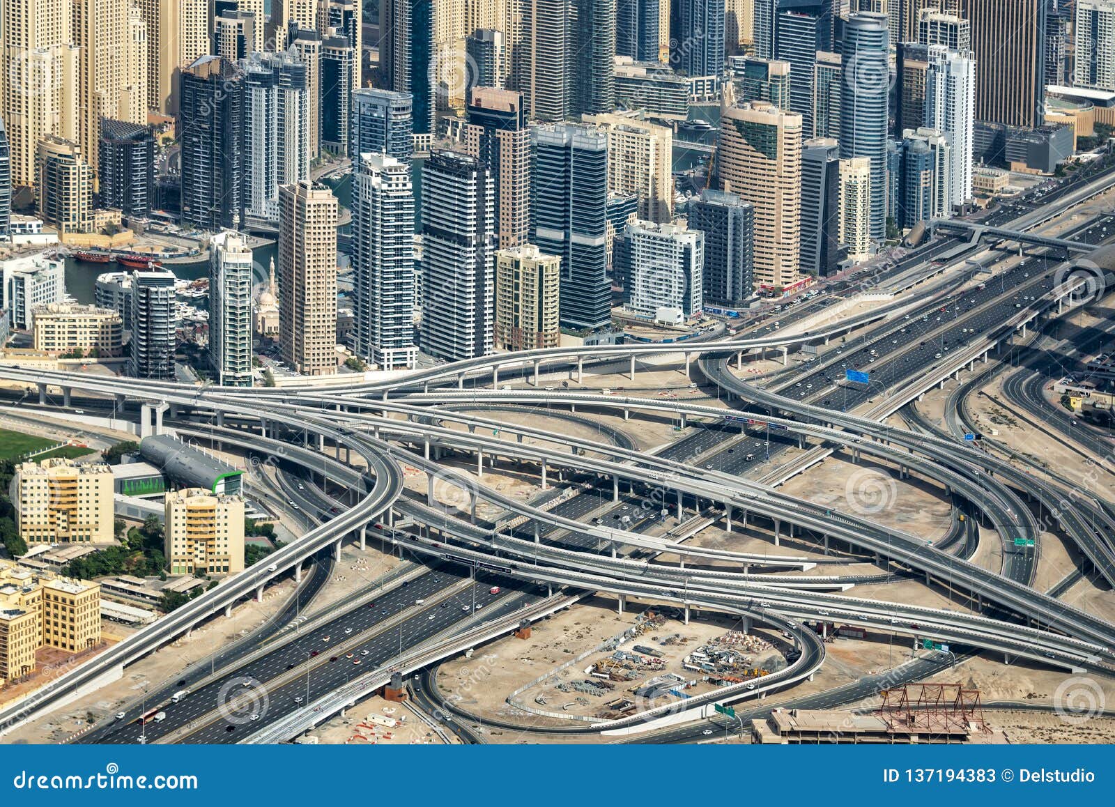 aerial view of sheikh zayeg road interchange and buidings, united arab emirates