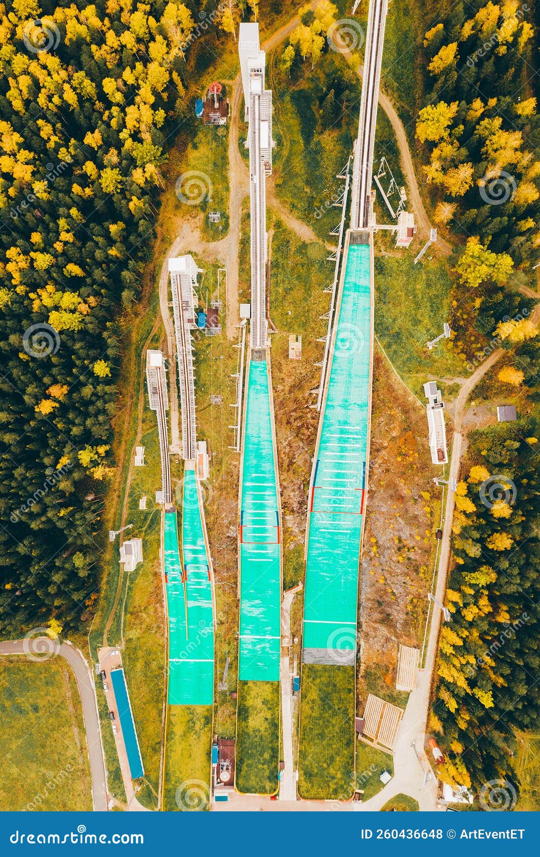 Aerial View of Ski Jumping Complex. Height of 120 Meters Springboard