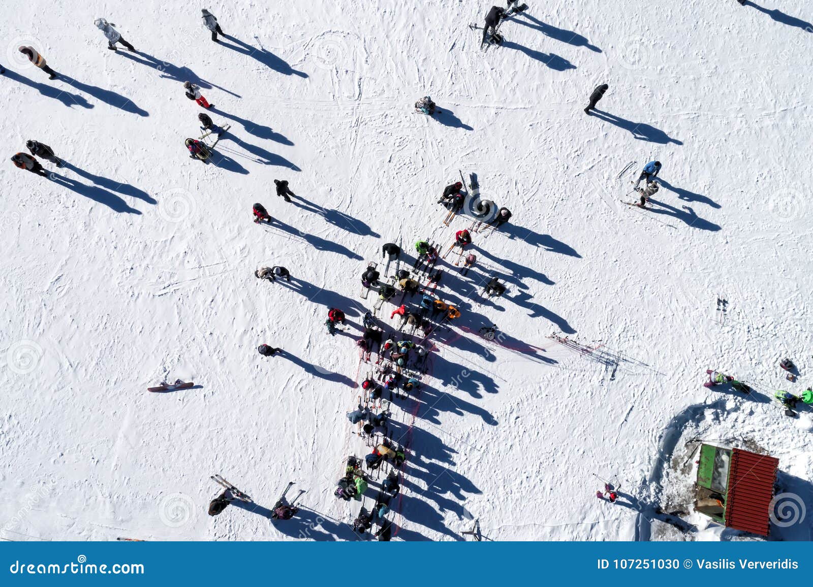 aerial view of skiers at ski resort vasilitsa in the mountain ra