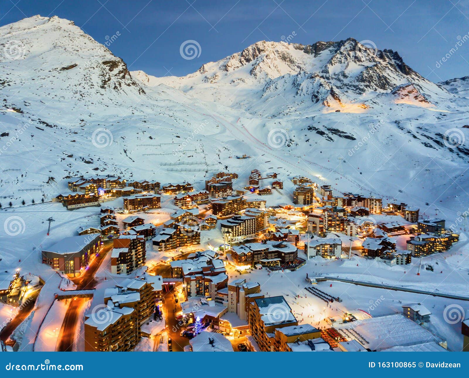 Aerial Drone Shot Dusk View of Val Thorens, Ski Resort in Haut Savoie