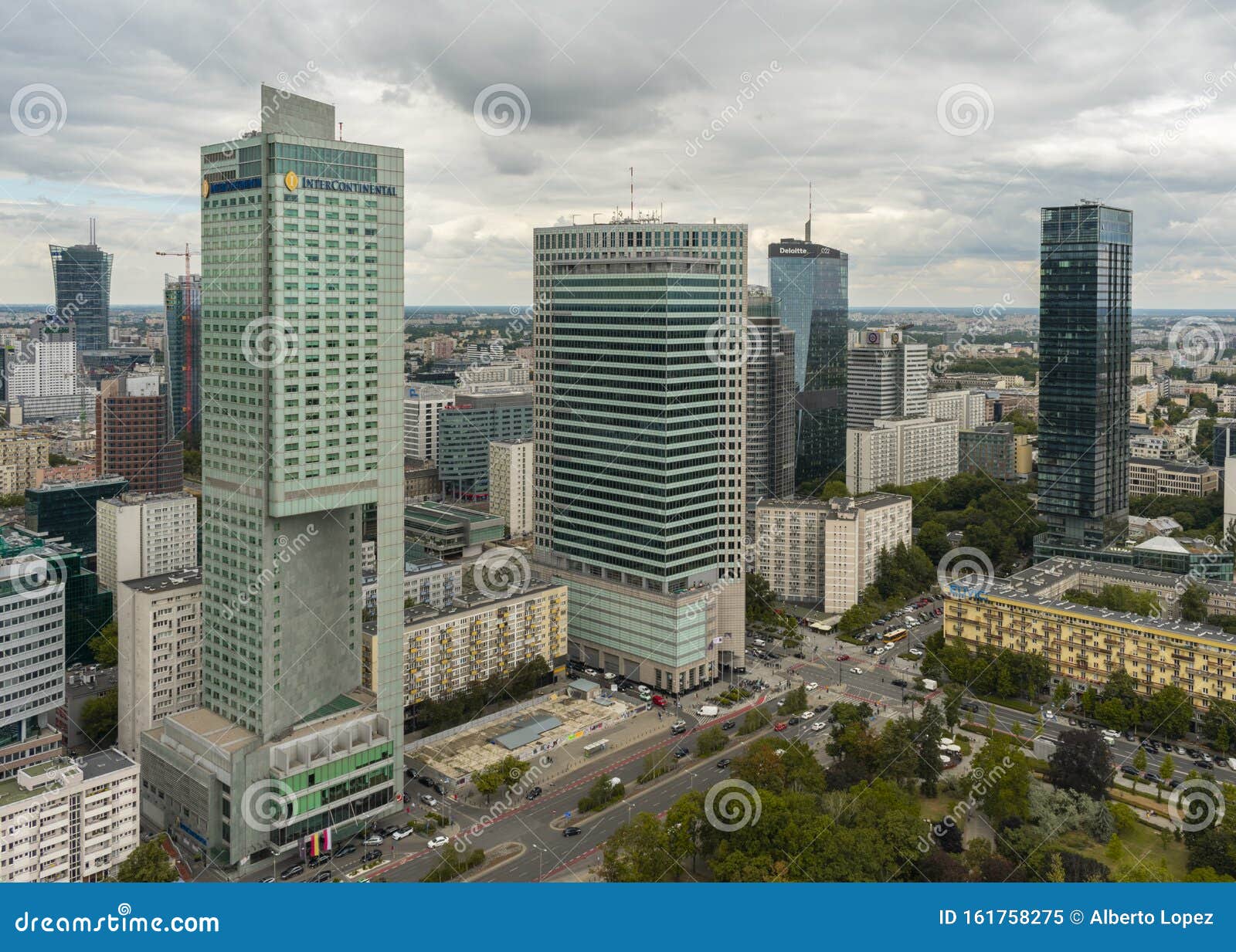 aerial view of skyscrapers in warsaw downtown. view of cityscape from the terrace on 30th floor of pkin