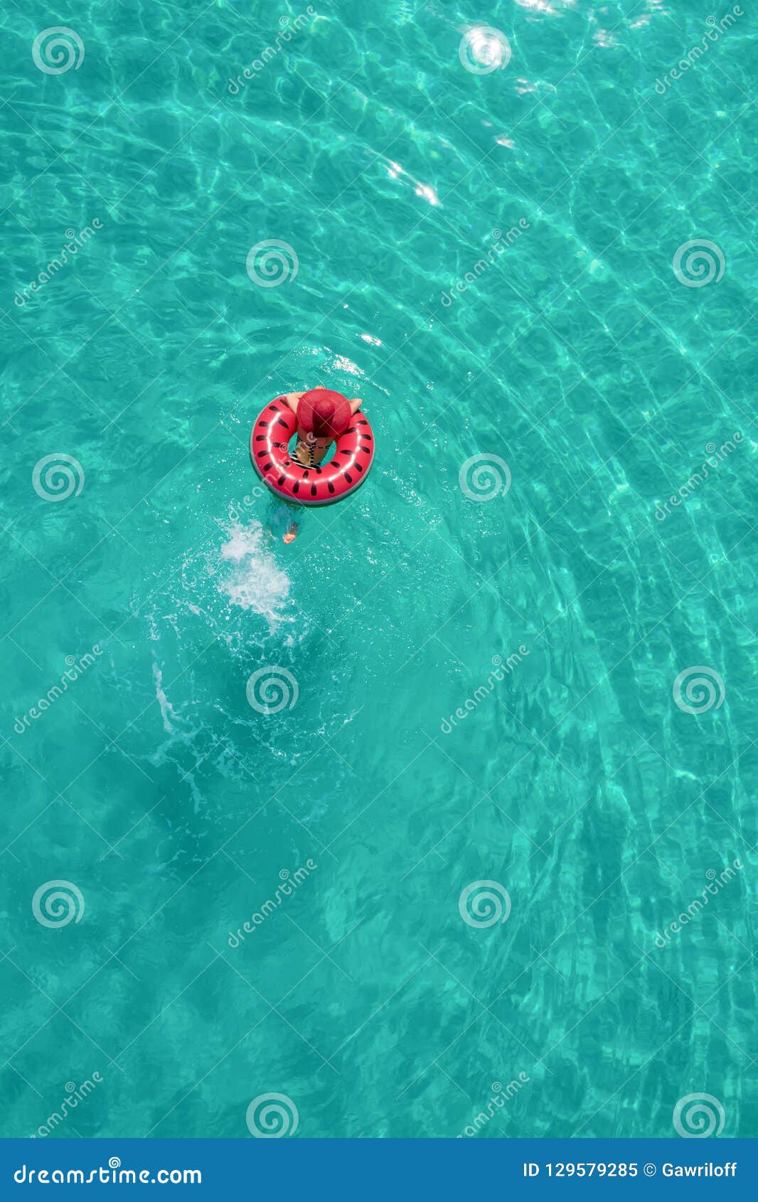 Aerial View of Slim Woman Swimming on the Swim Ring Donut in Th Stock ...