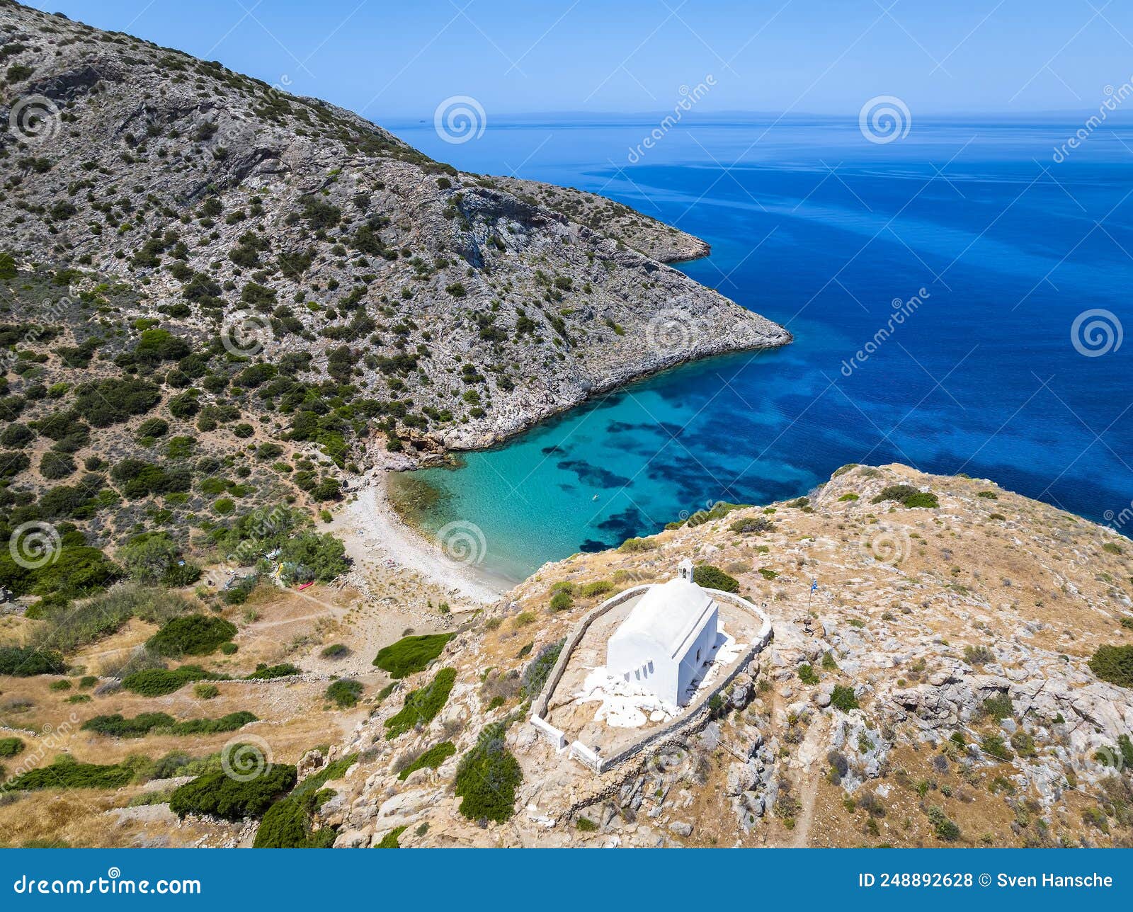 aerial view of the small beach of armeas next to galissas, syros island