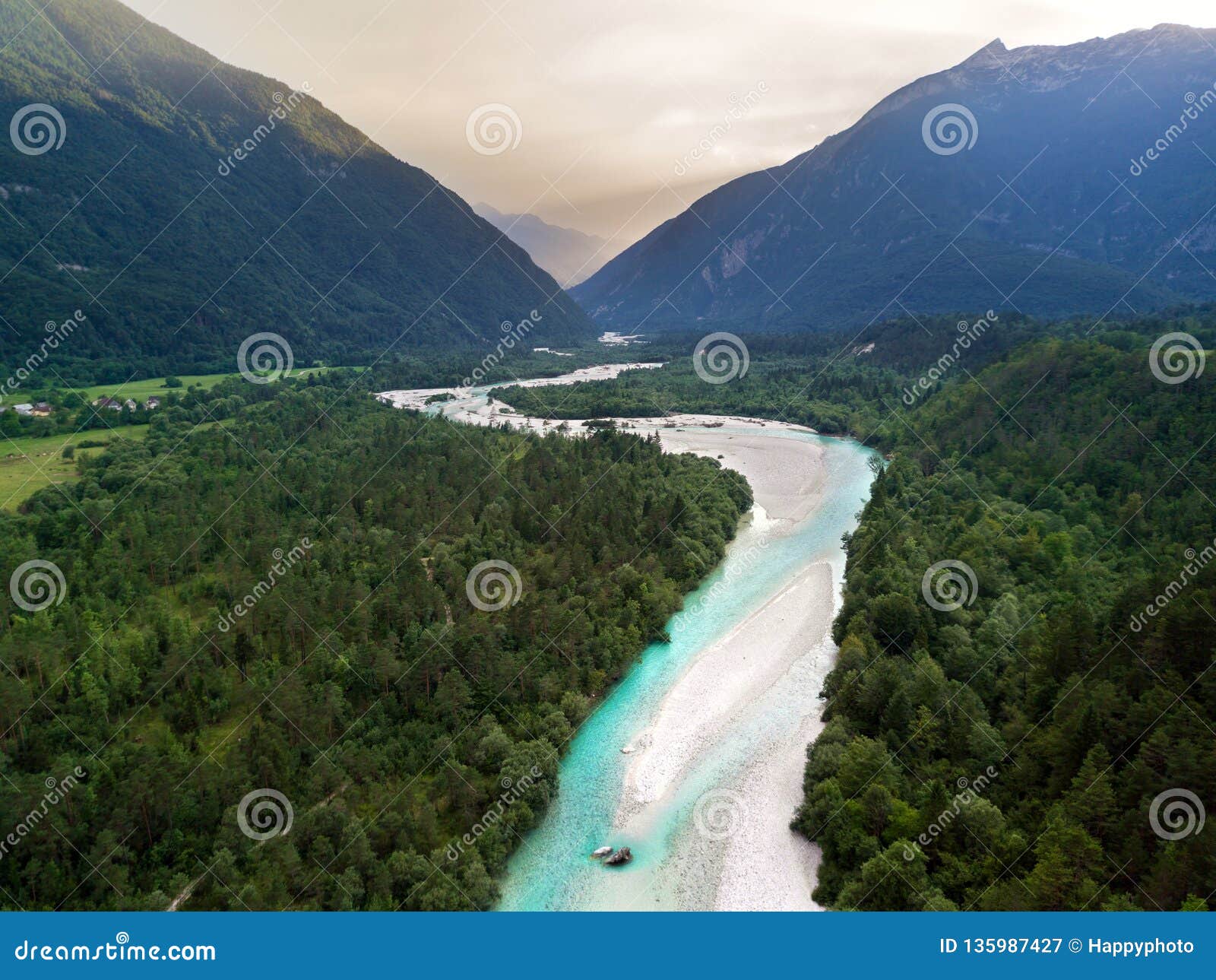 aerial view of soca river in julian alps at sunset. slovenia, soca valley, bovec district, europe