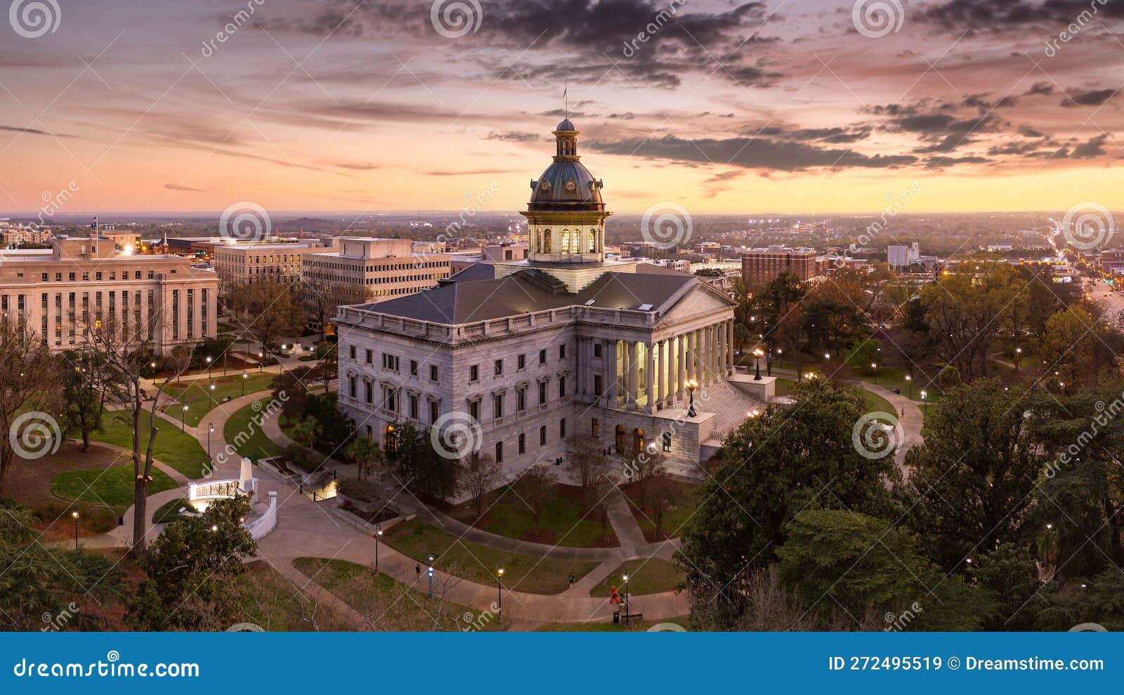 aerial view of the south carolina statehouse at dusk