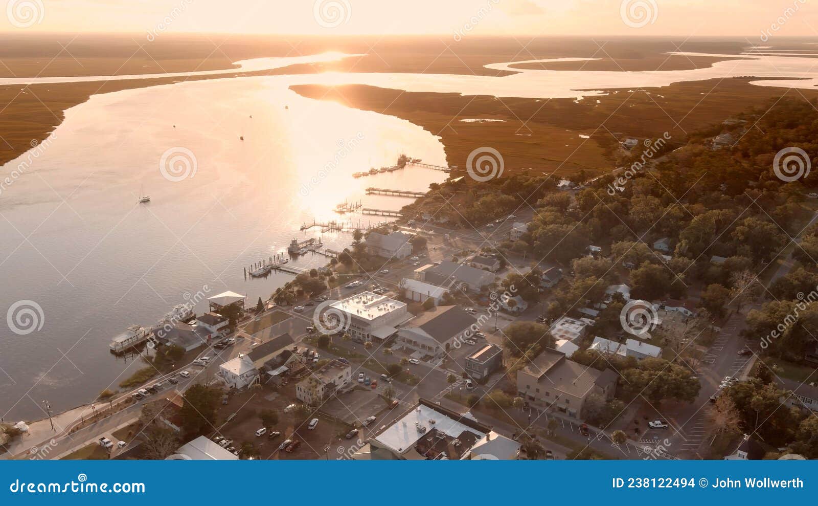 aerial view of st marys, georgia and the st marys river at sunset