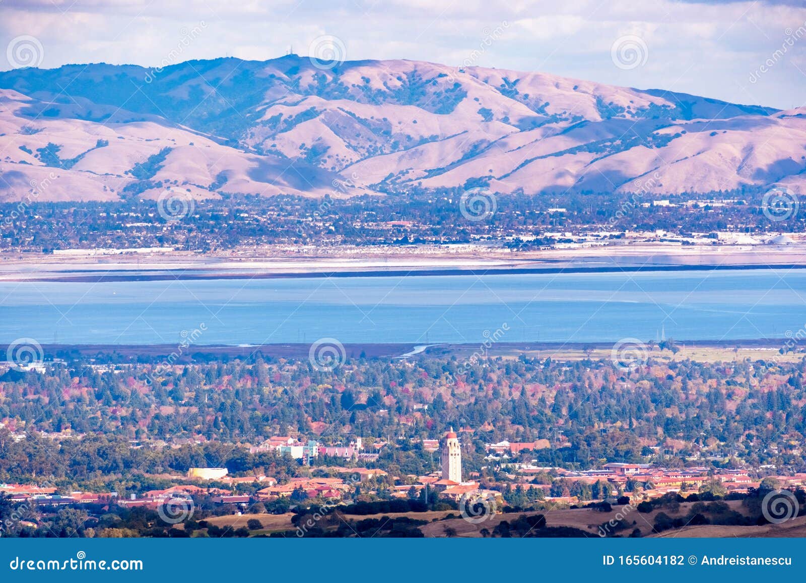 aerial view of stanford university amd palo alto, san francisco bay area; newark and fremont and the diablo mountain range visible