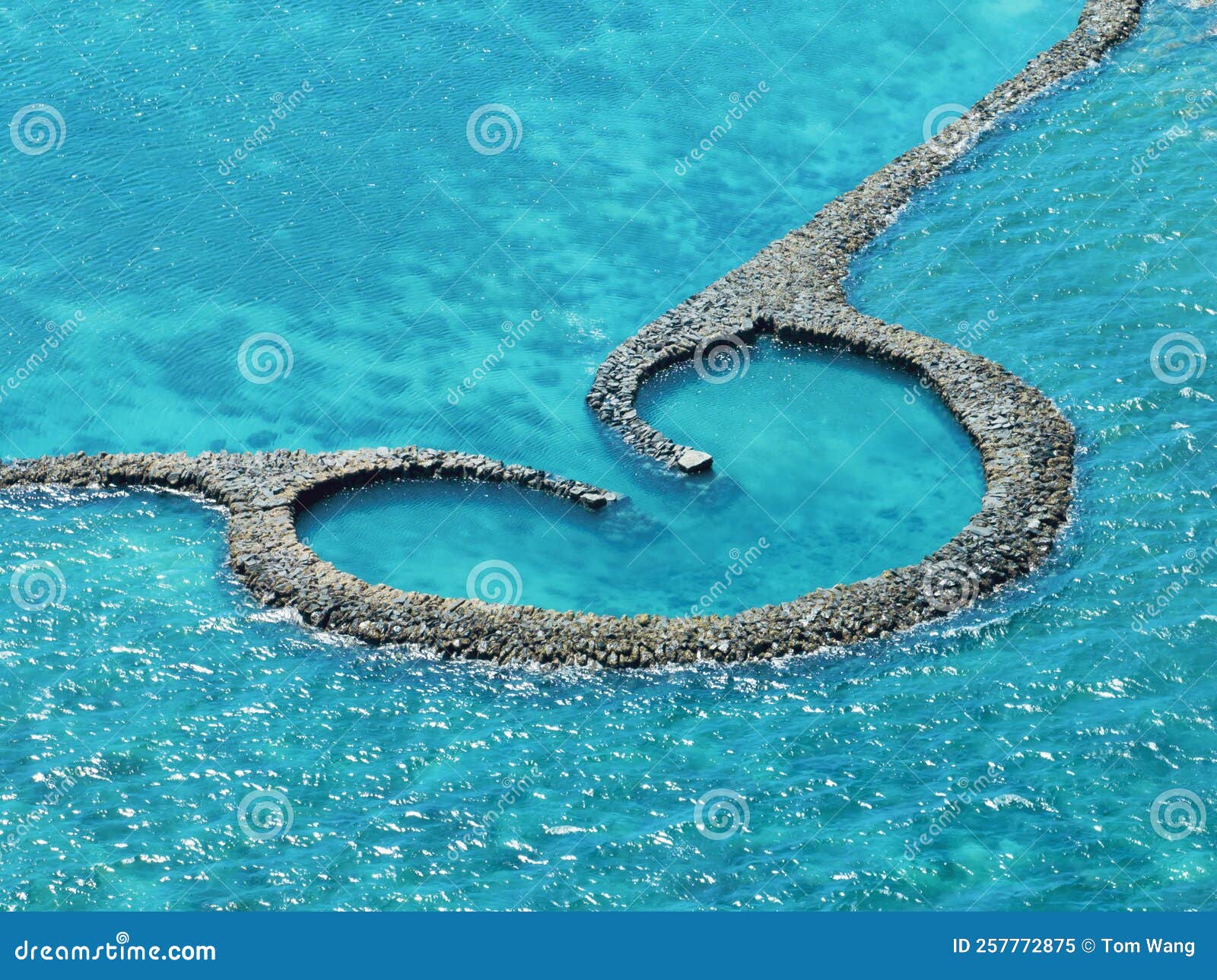 aerial view of stone tidal weirs in penghu, taiwan