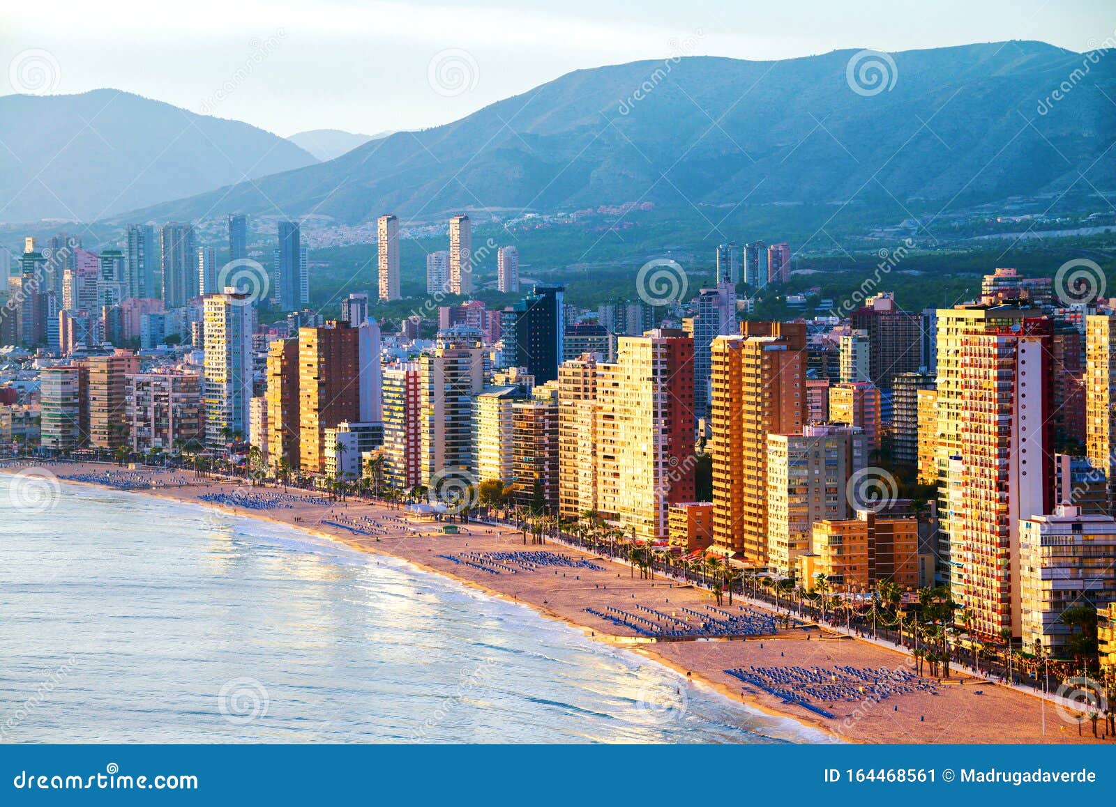 aerial view of summer resort benidorm, spain with beach and famous skyscrapers