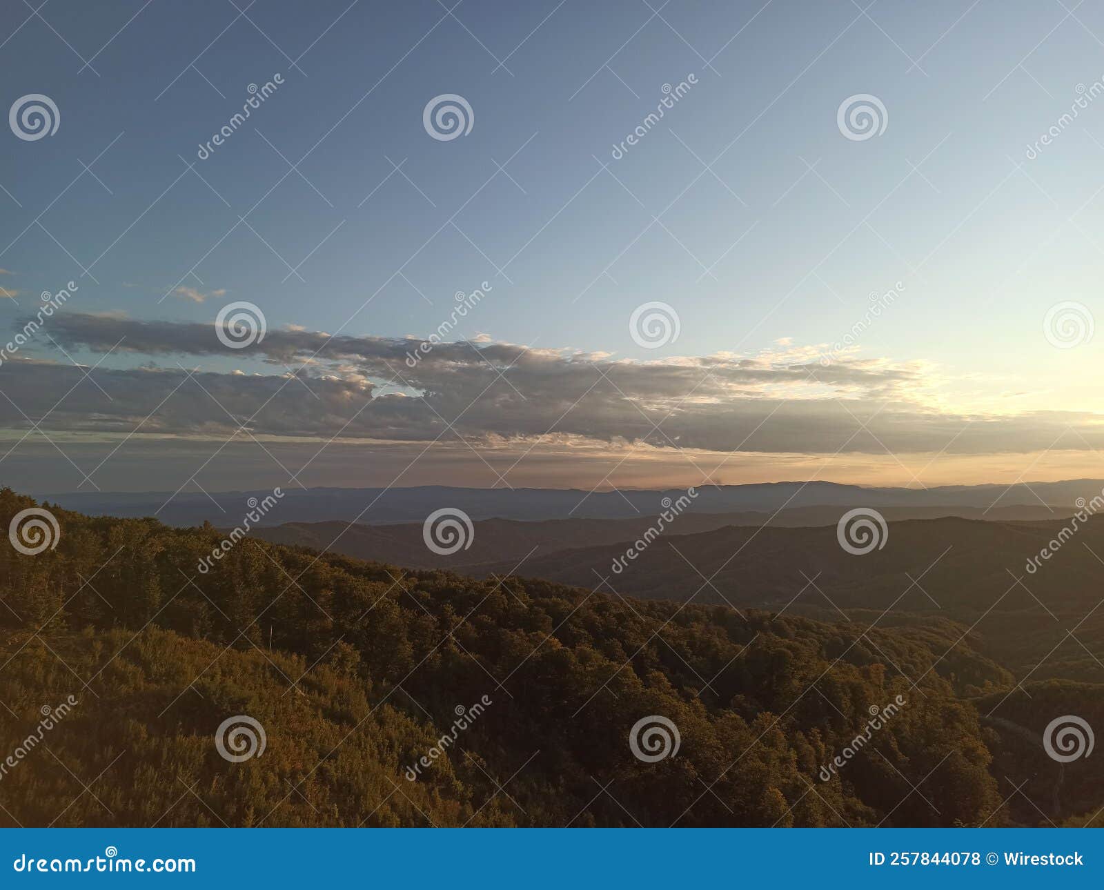aerial view of the sunset at the cer mountain, serbia