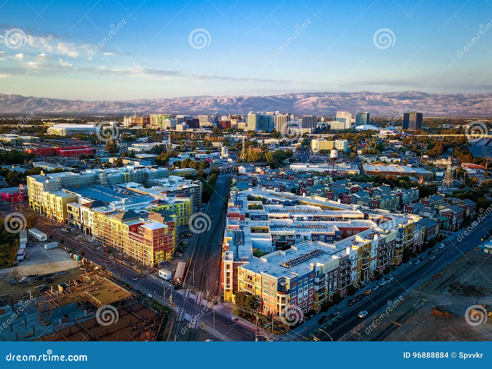 aerial view of sunset over downtown san jose in california