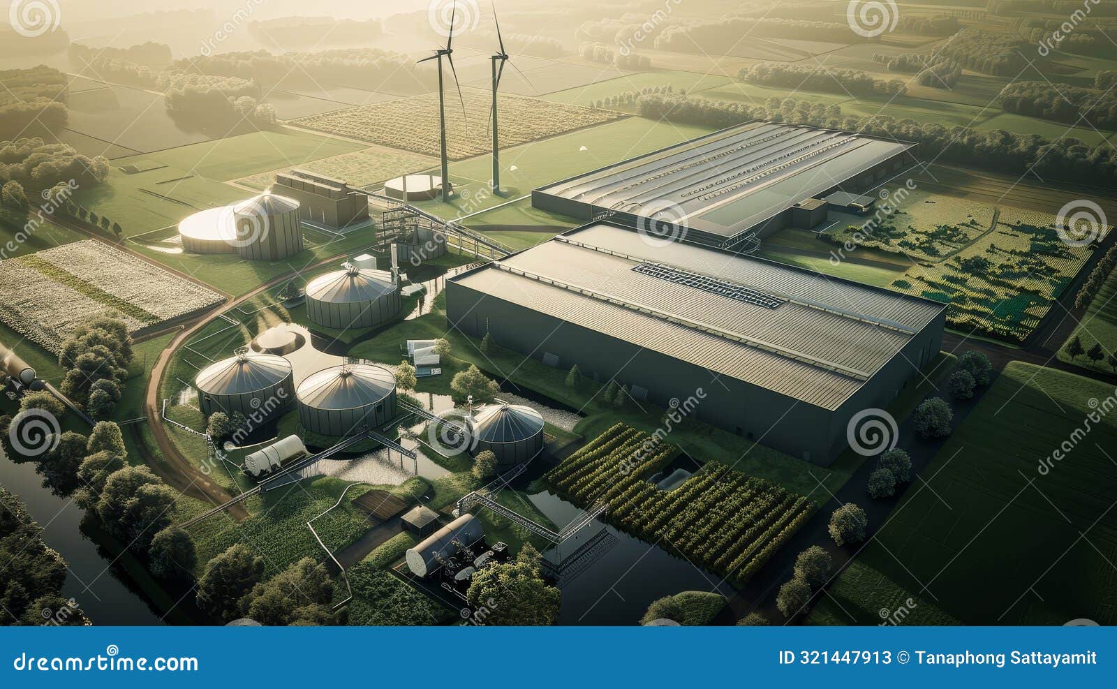 aerial view of a sustainable farming and industrial complex with wind turbines in the background,showcasing the of advan